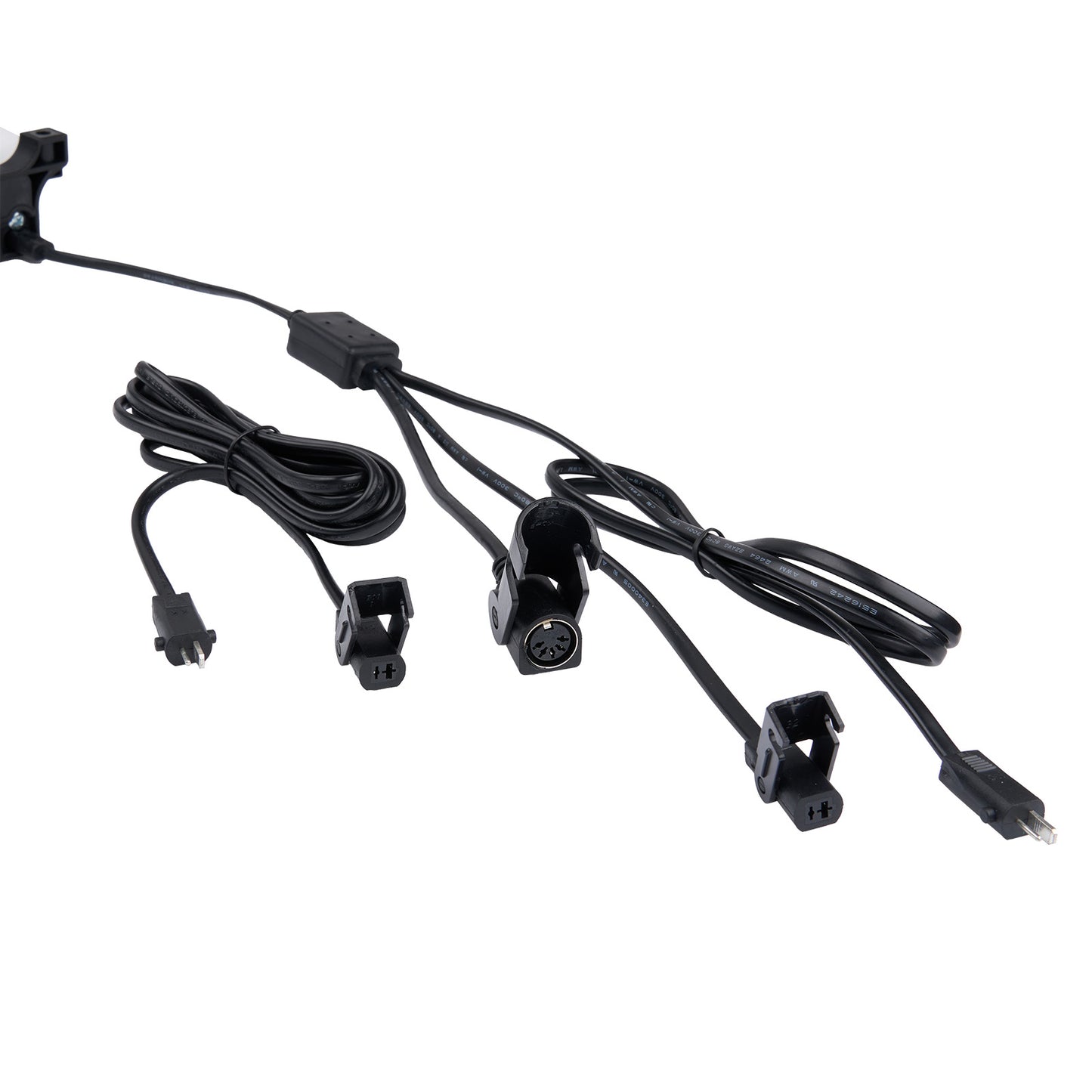 Set of black LED strip lights with connectors on a white background