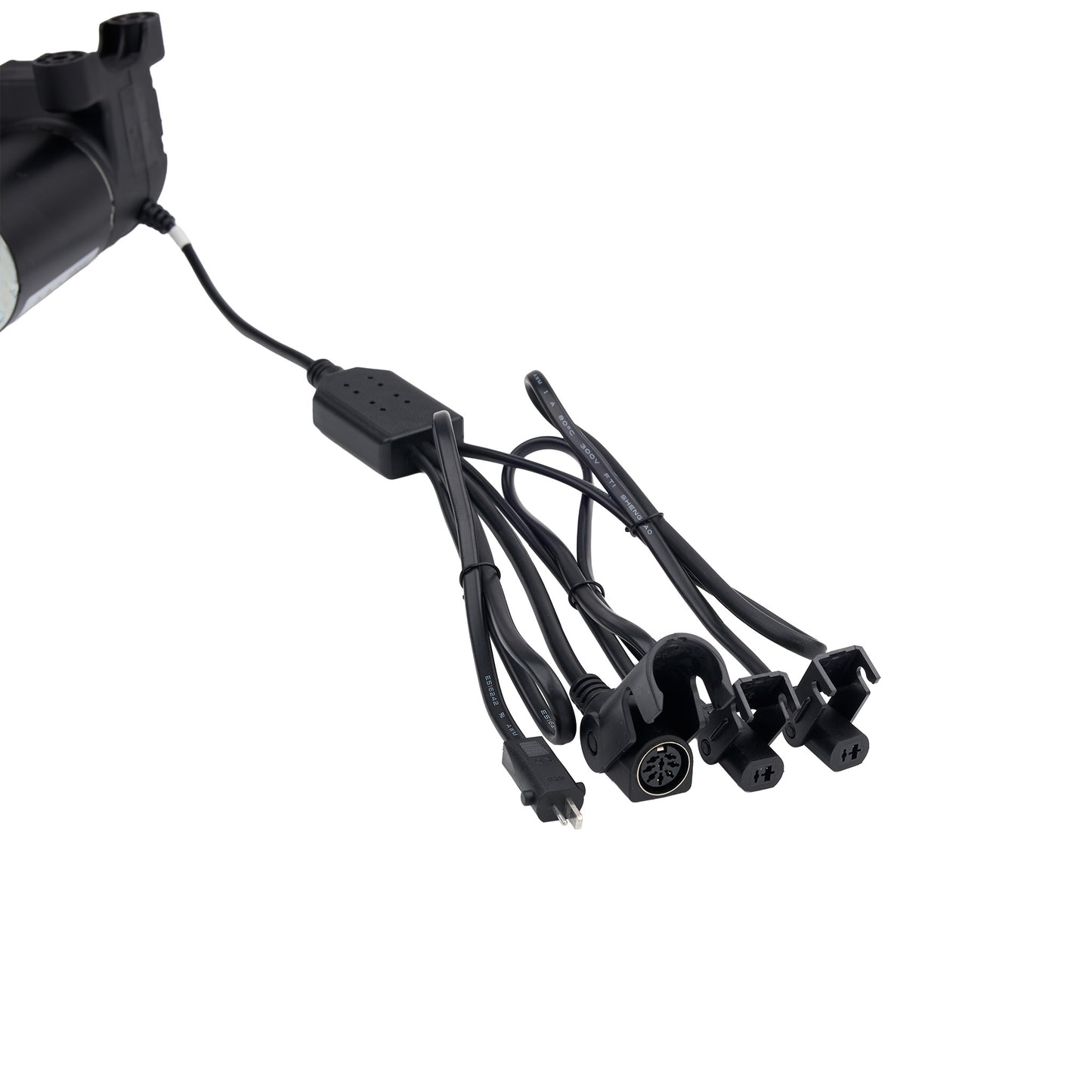 Black electrical cable with connectors on a white background