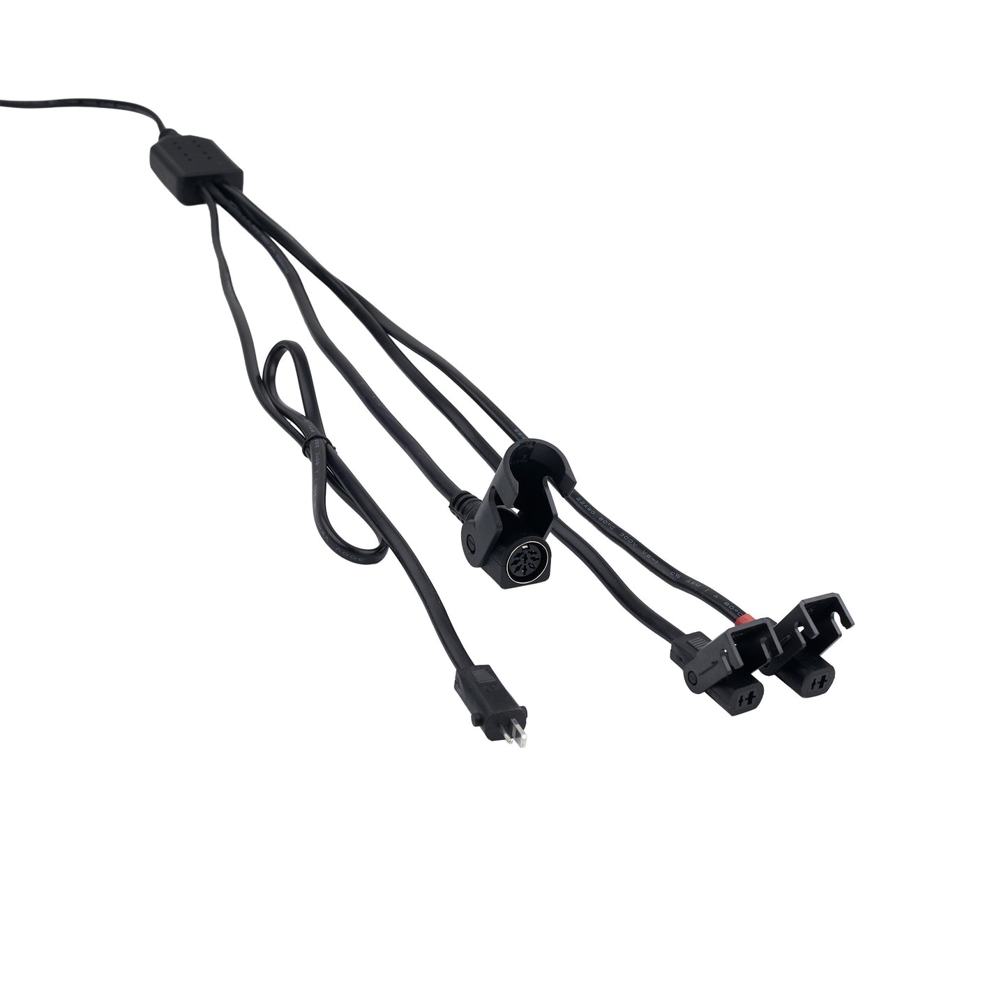 Set of black cables with connectors on a white background