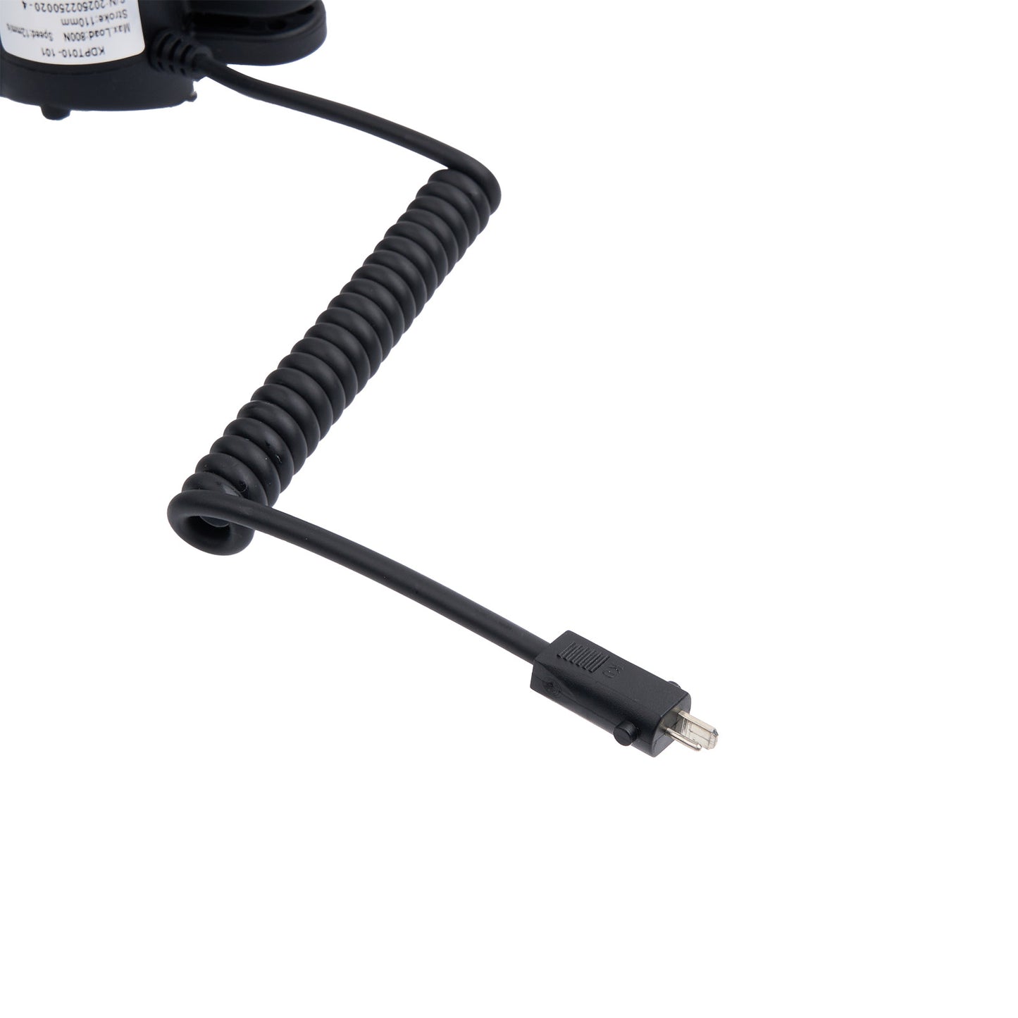 Black coiled cable with a USB connector on a white background