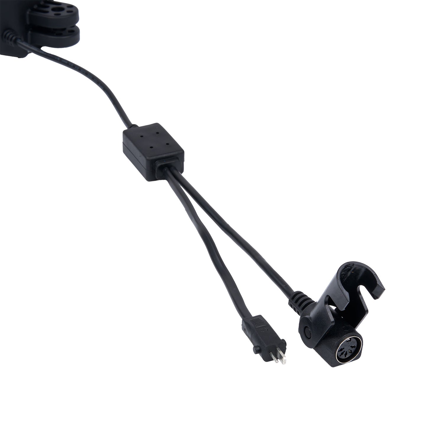 Black electronic cable with connectors on a white background