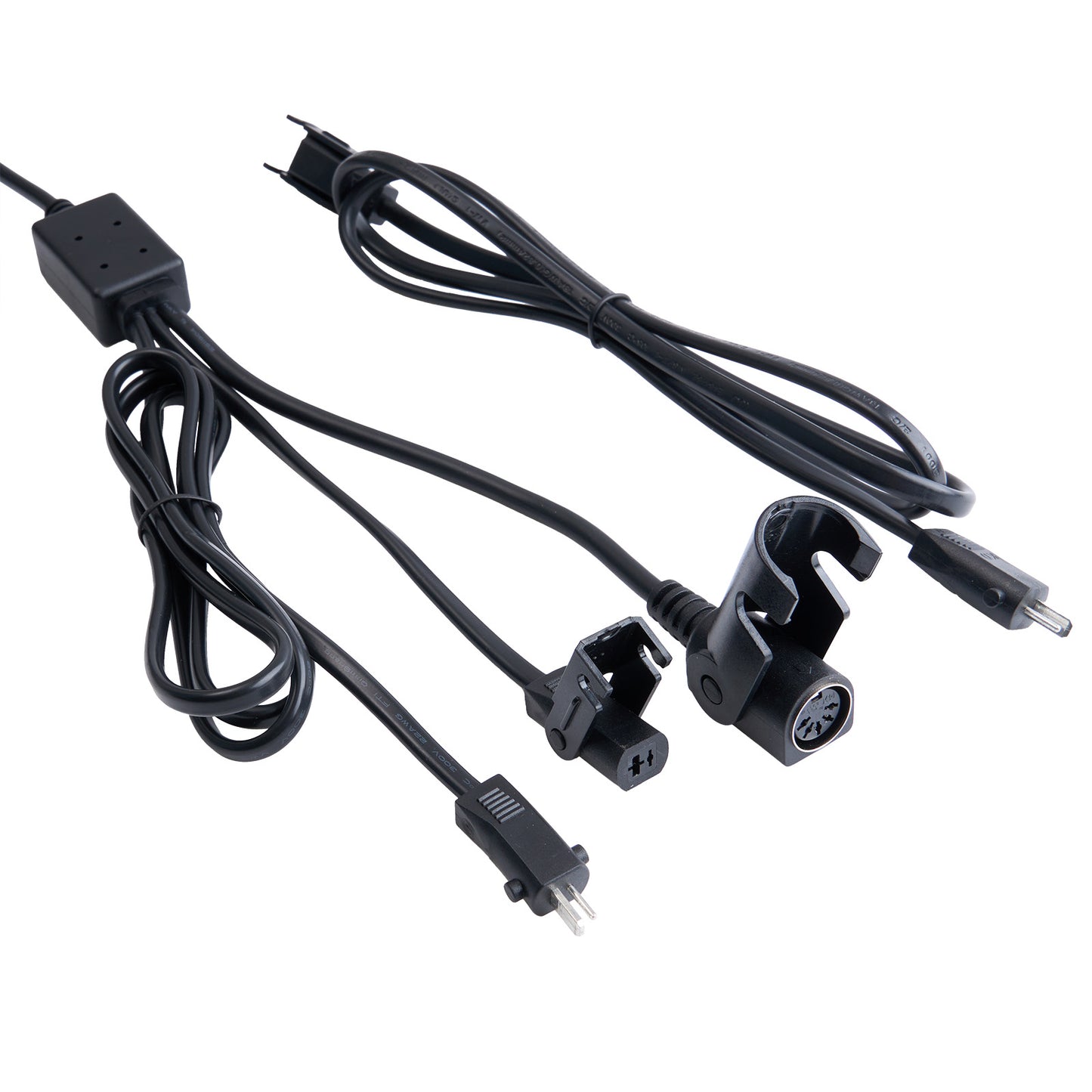 Set of black electrical cables and connectors on a white background