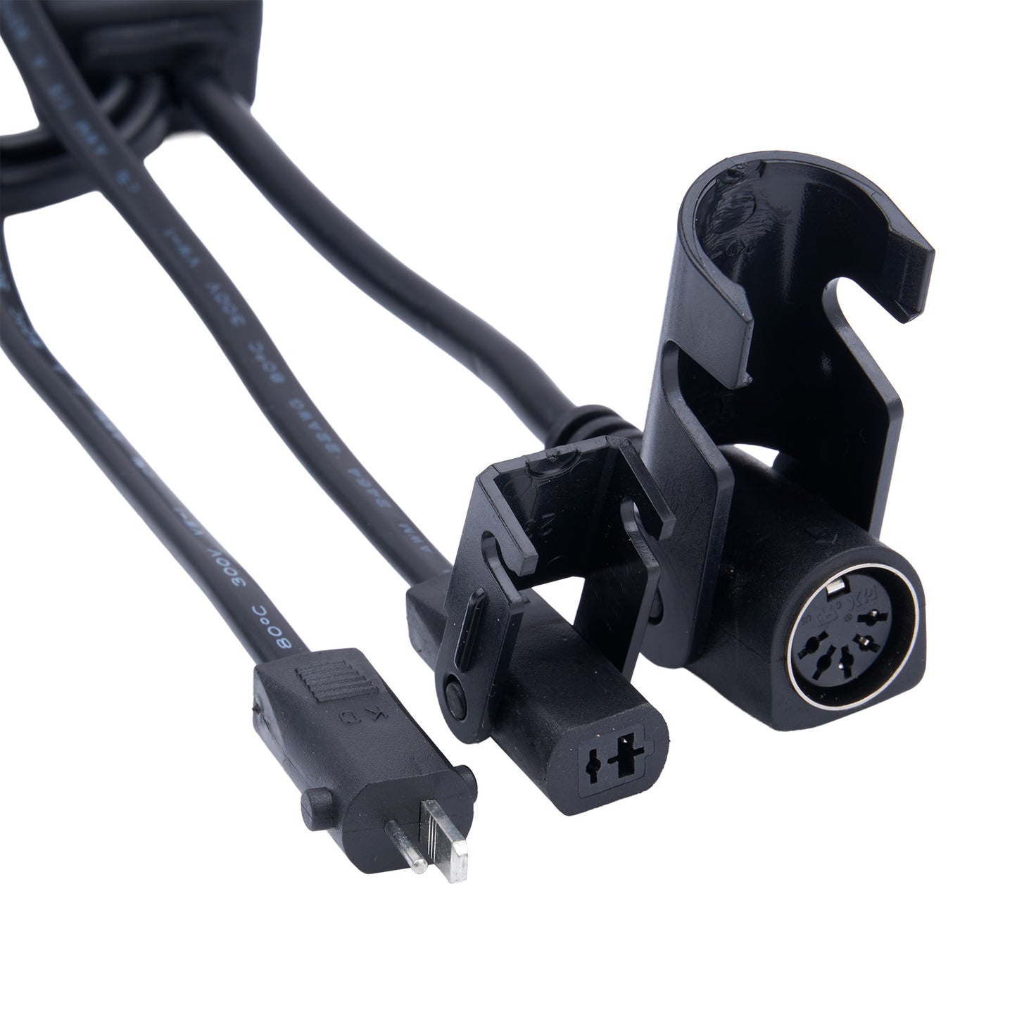 Black electrical plug and cable on a white background