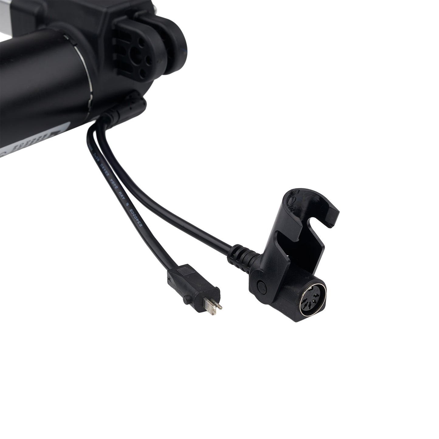 Close-up of a black camera mount with wiring on a white background