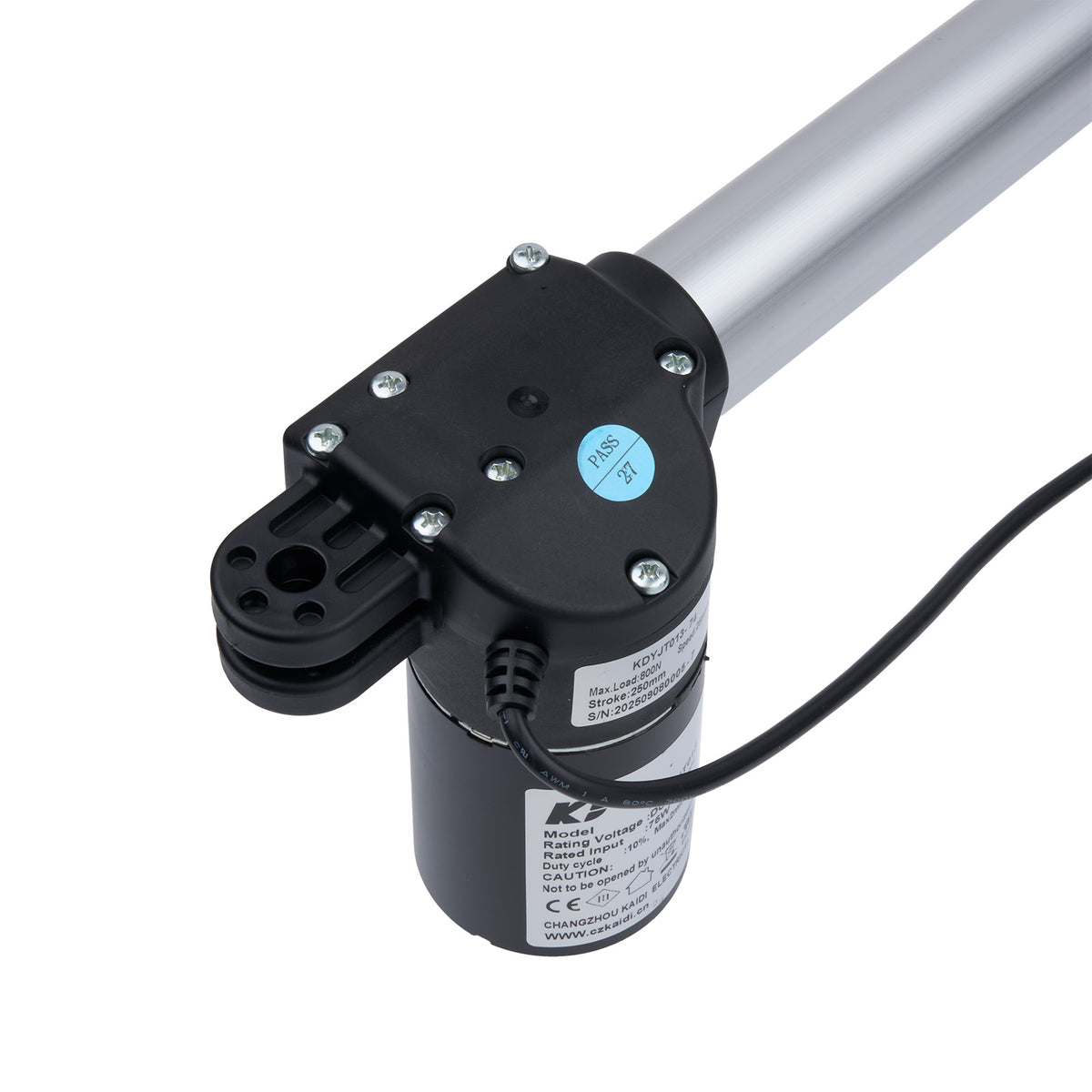 Electric actuator with a cylindrical motor and metal rod on a white background