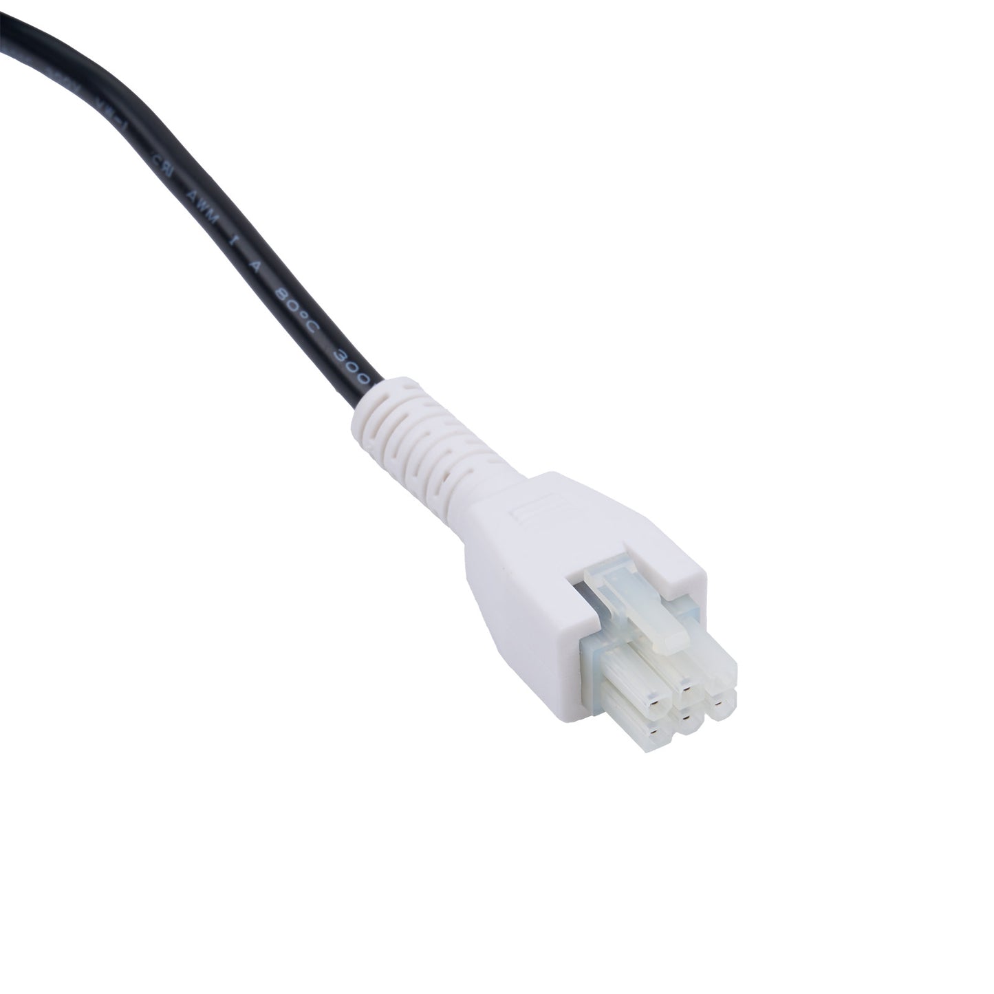 White electrical plug with black cord on a white background