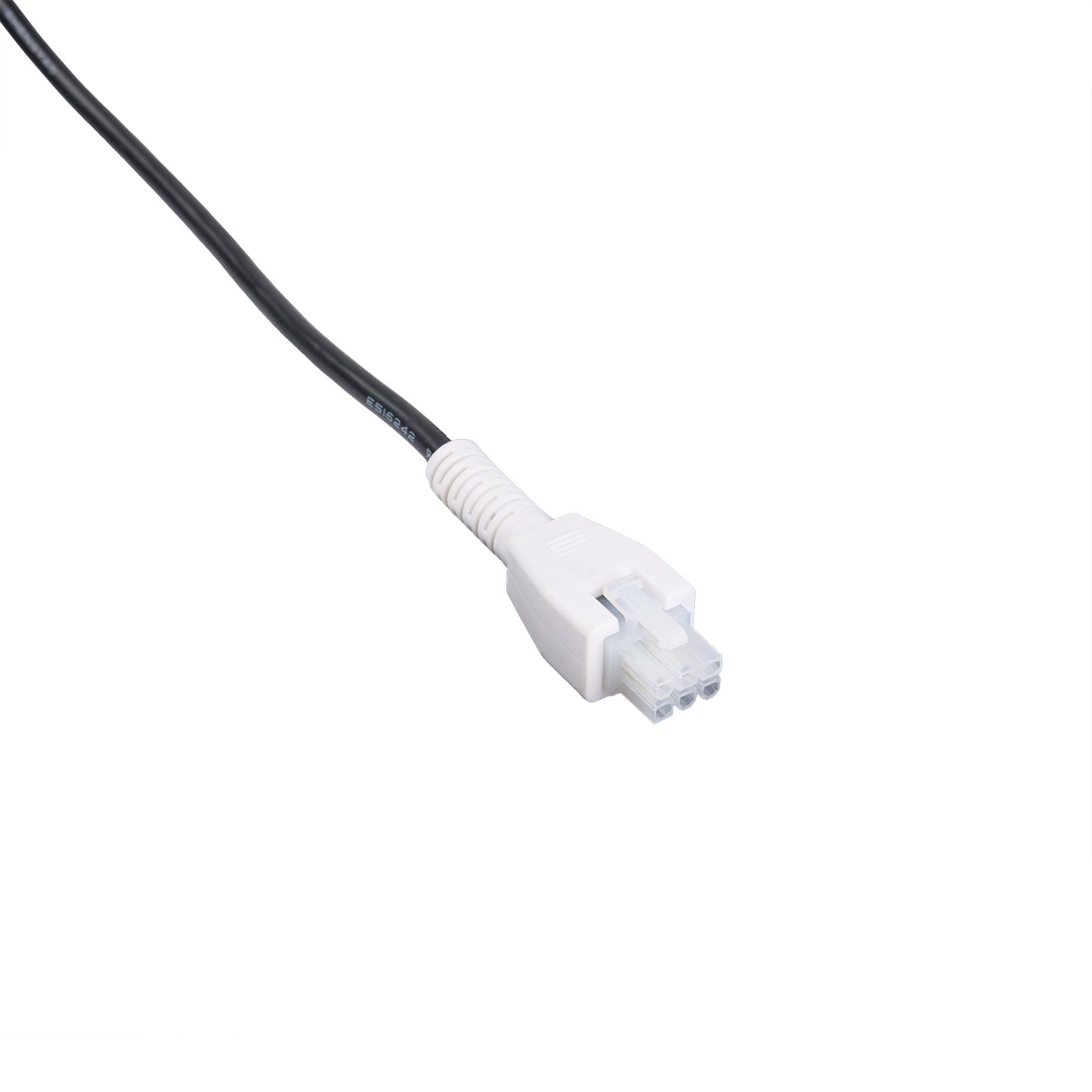 White electrical plug with black cord on a white background