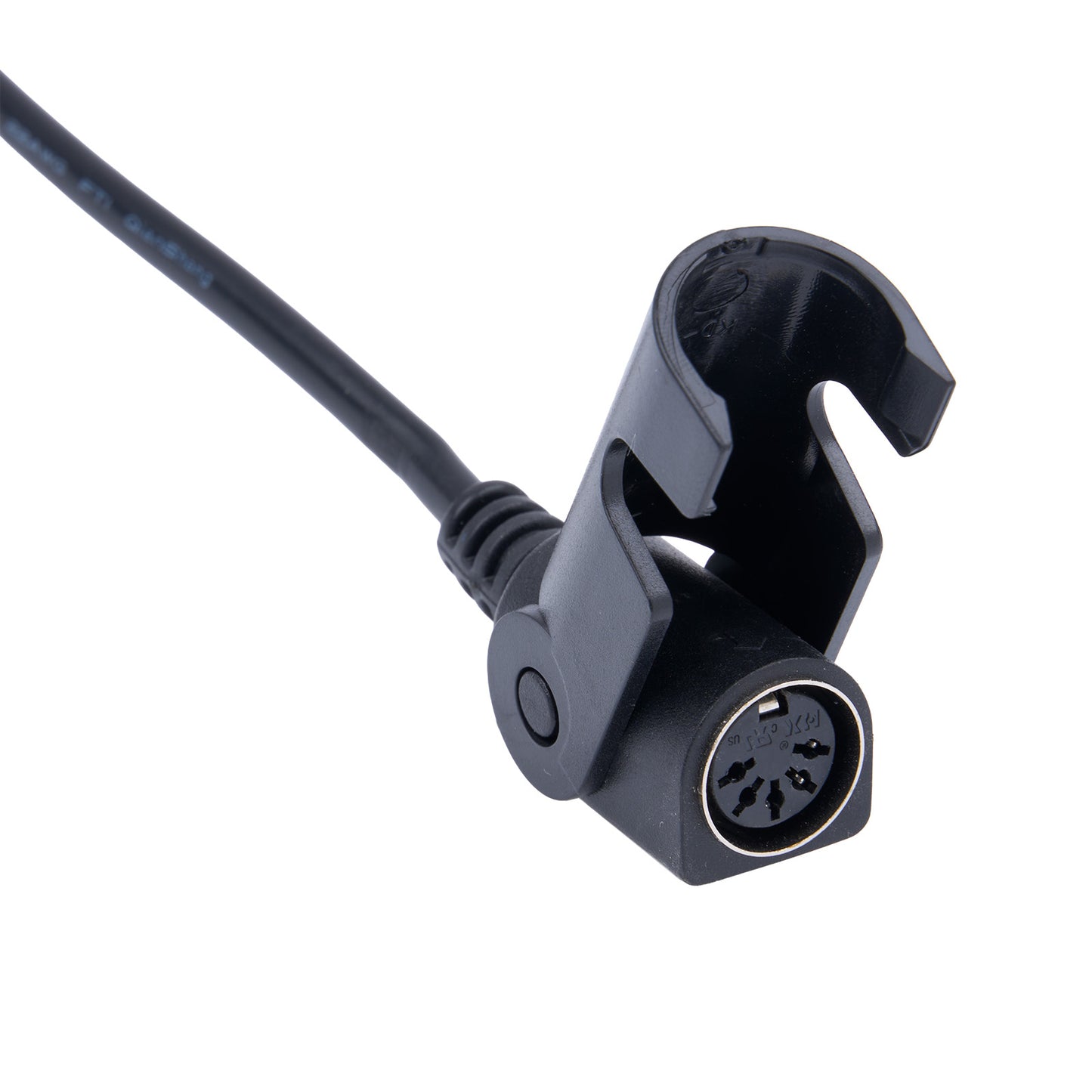 Black camera mount with cable on a white background