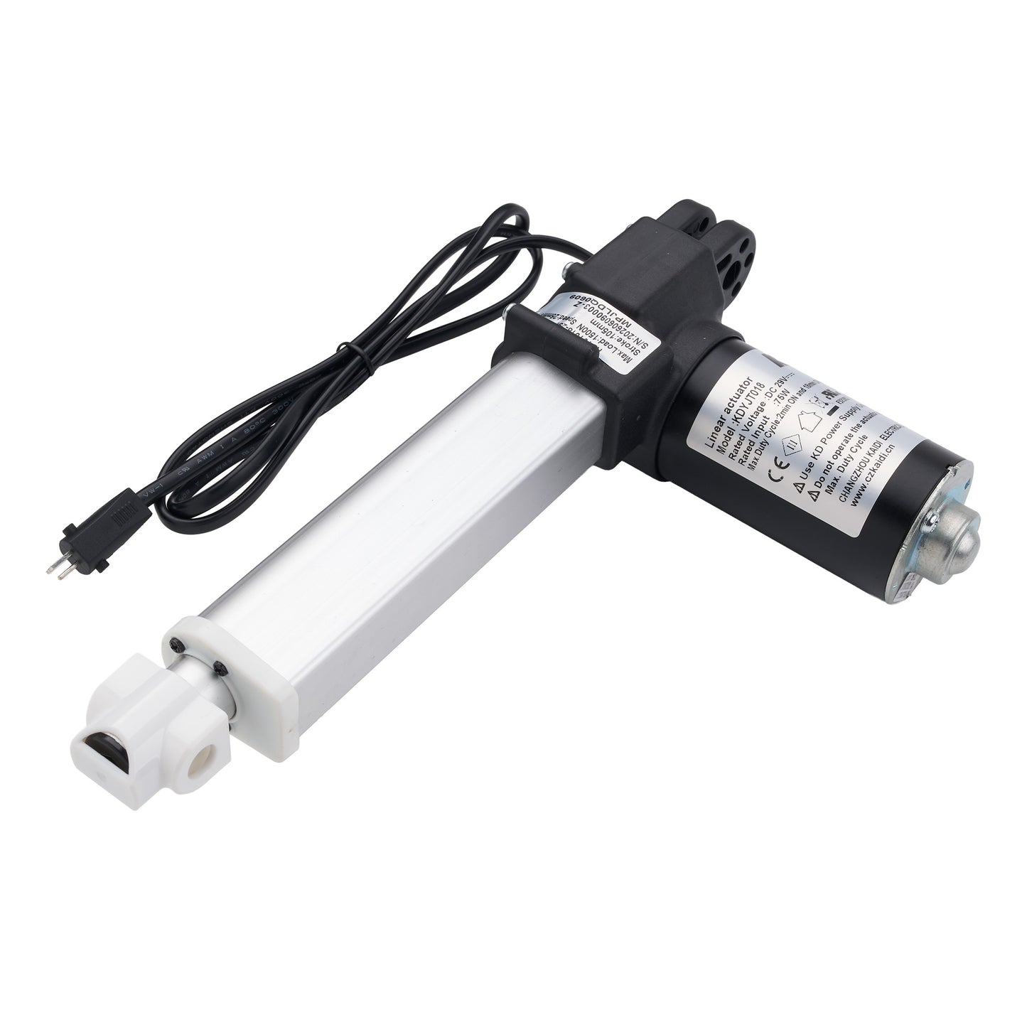 A linear electric motor slide rail assembly with a black power cord, featuring a silver aluminum rod, black end caps, and a white plastic connector on a plain white background.