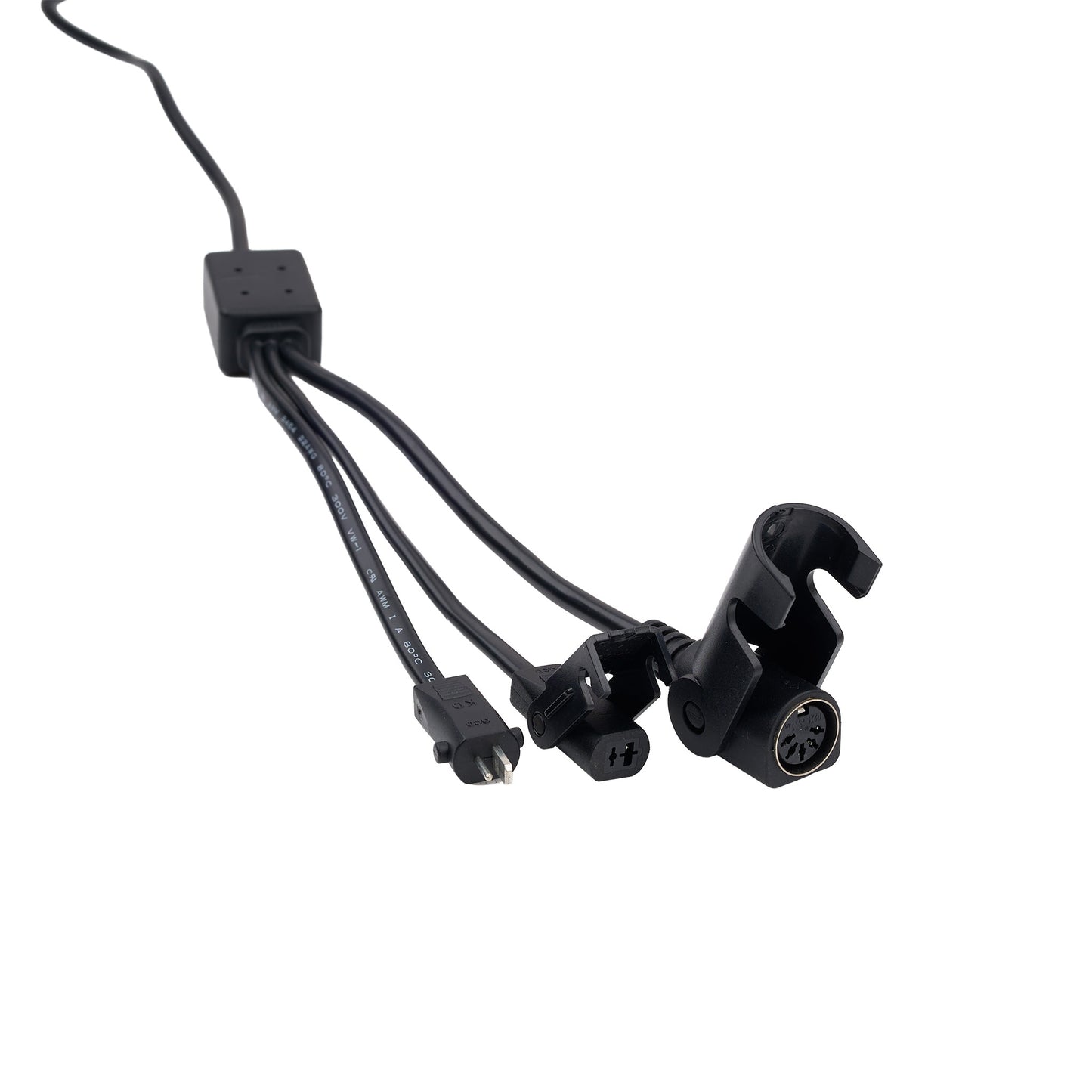 Black multi-connector power cable with a rectangular junction block, three thin wires ending in small plugs, and a larger connector with a circular port, shown on a plain white background.