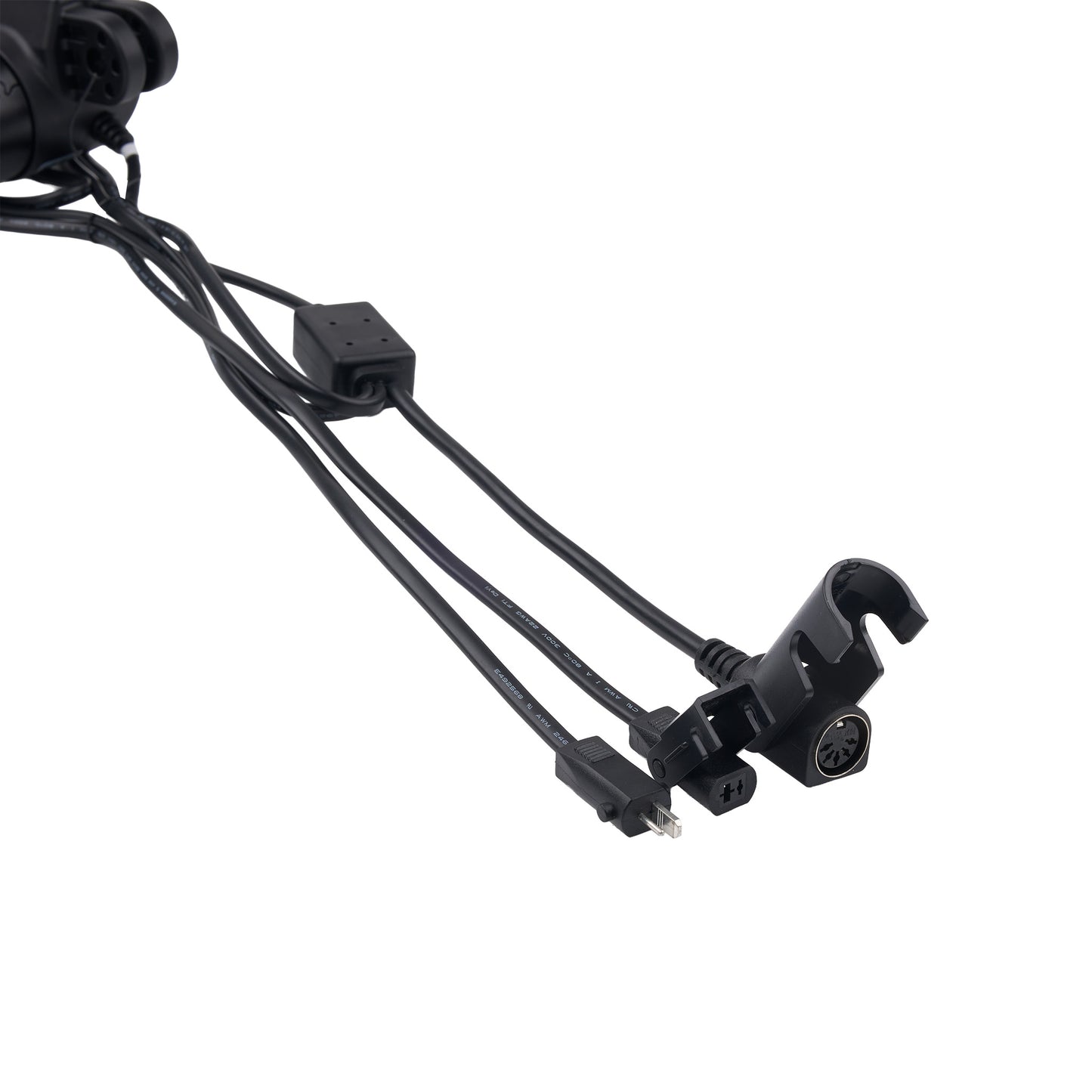 Black multi-connector cable assembly with plastic connectors and a small black inline switch, photographed on a plain white background.