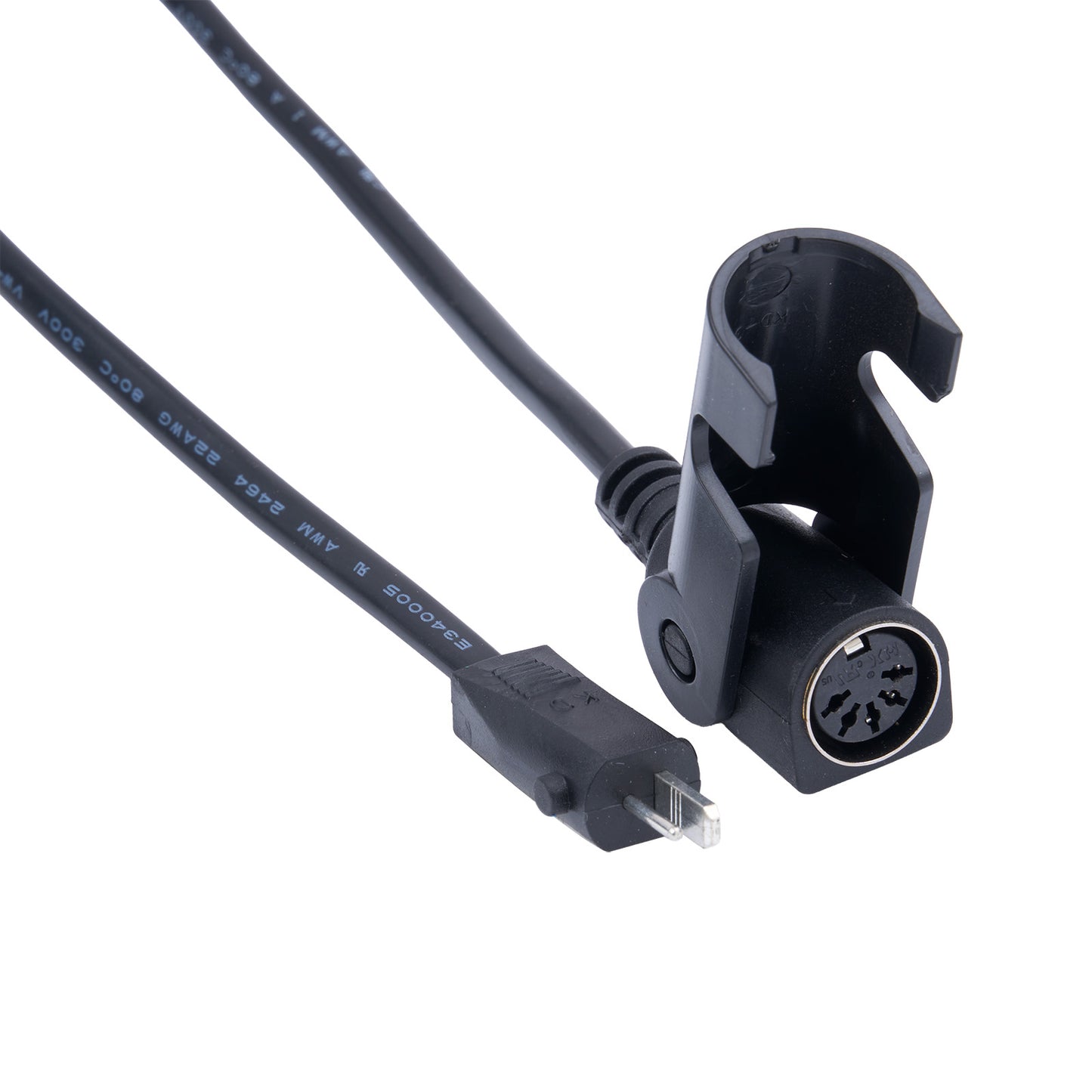 Black audio cable with XLR connector on a white background