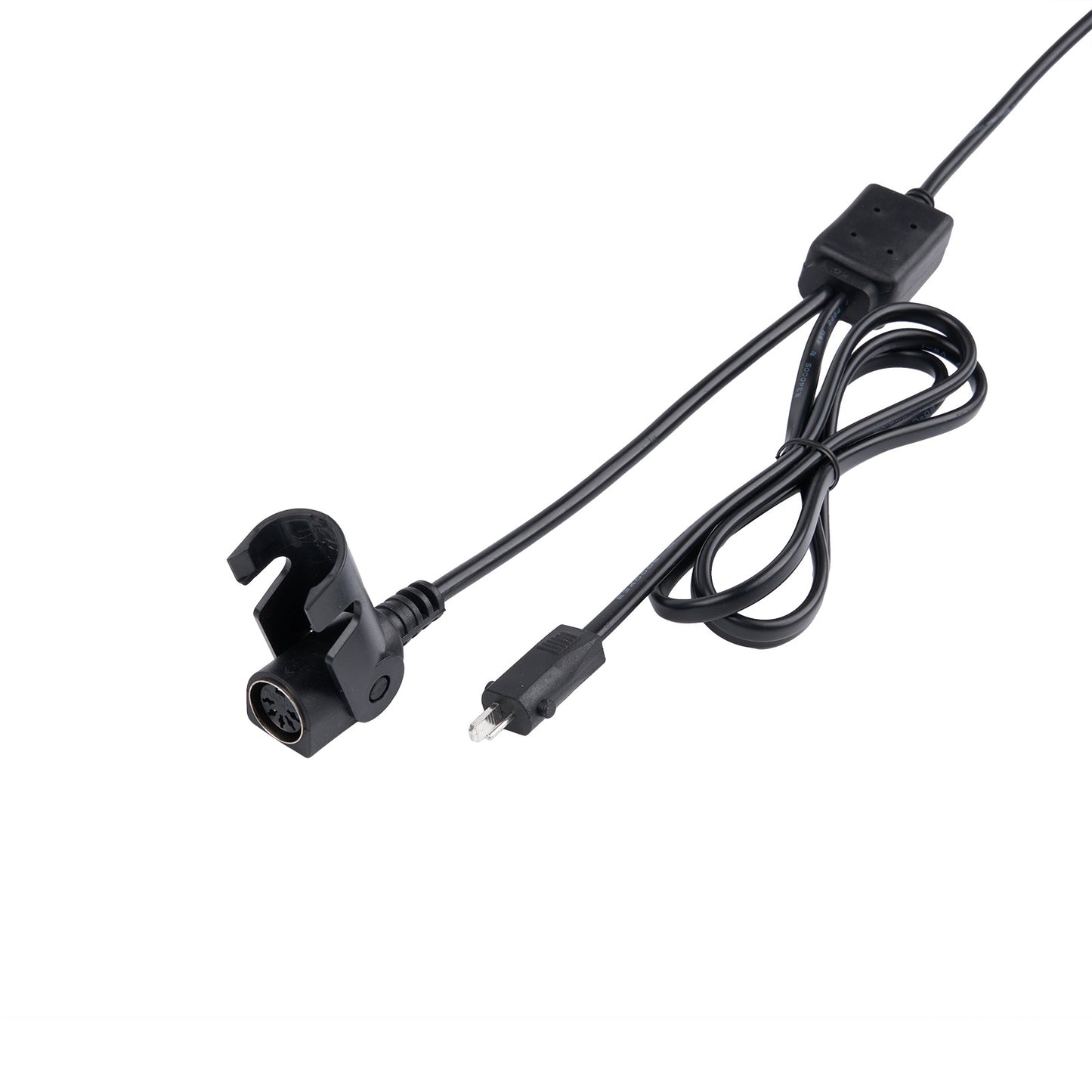 Black electronic cable with connectors on a white background