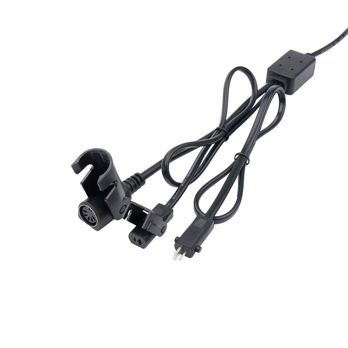 Black electrical cord with plug and clip on a white background