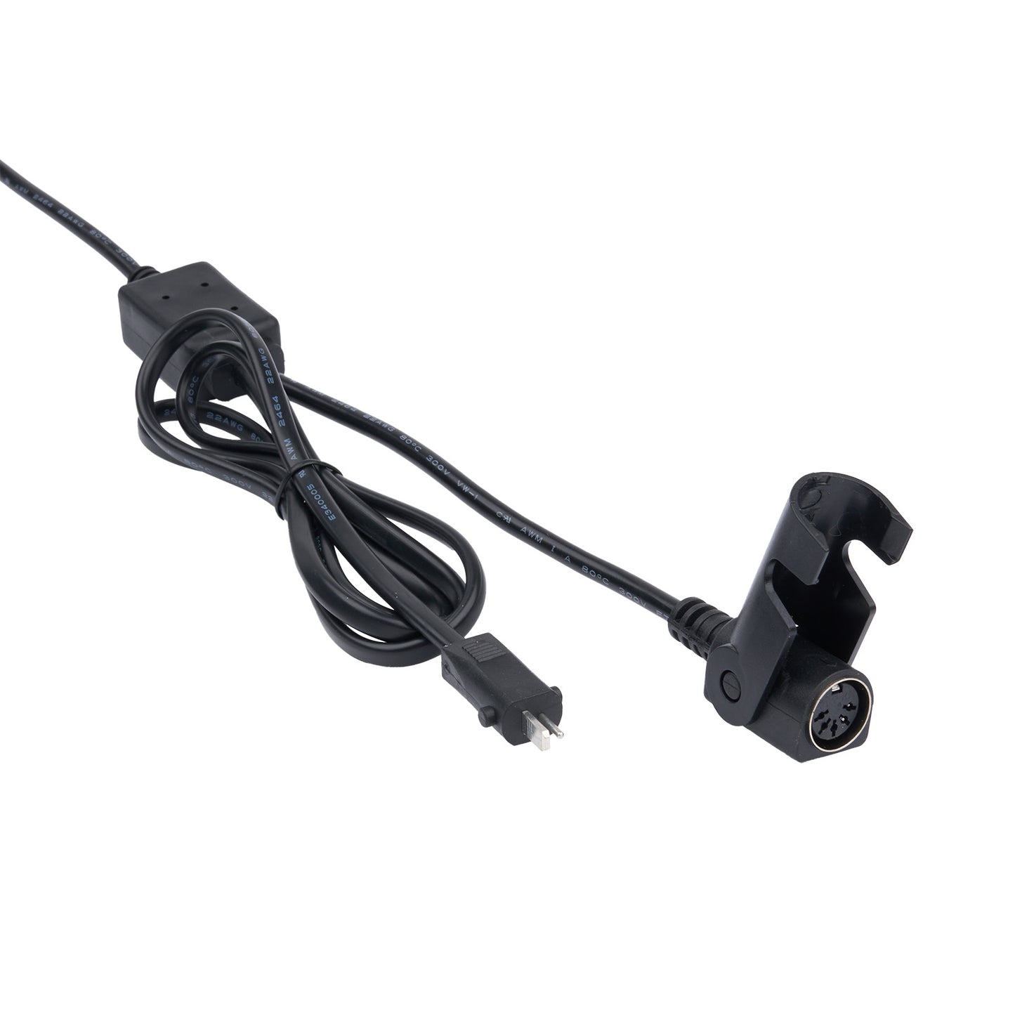 Black electronic device with cable on a white background