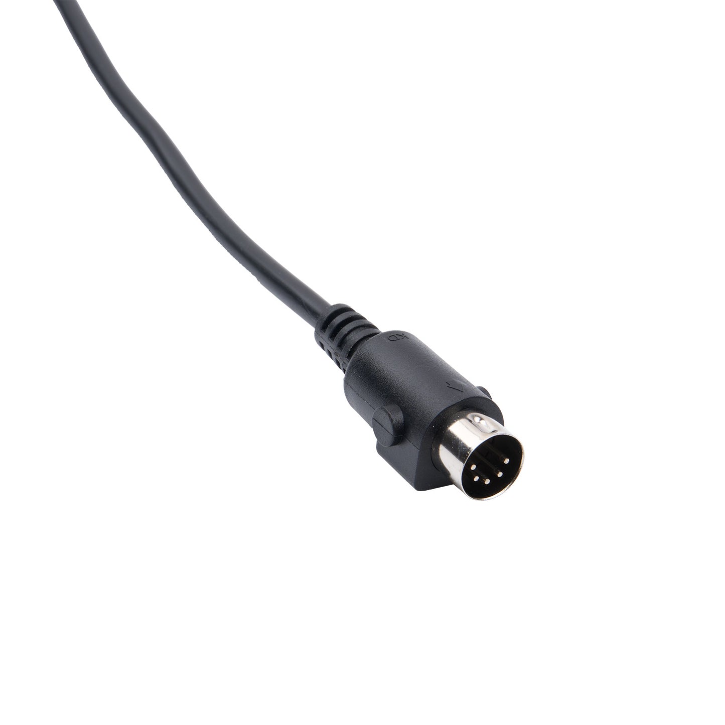 Black audio cable with 6-pin connector on a white background