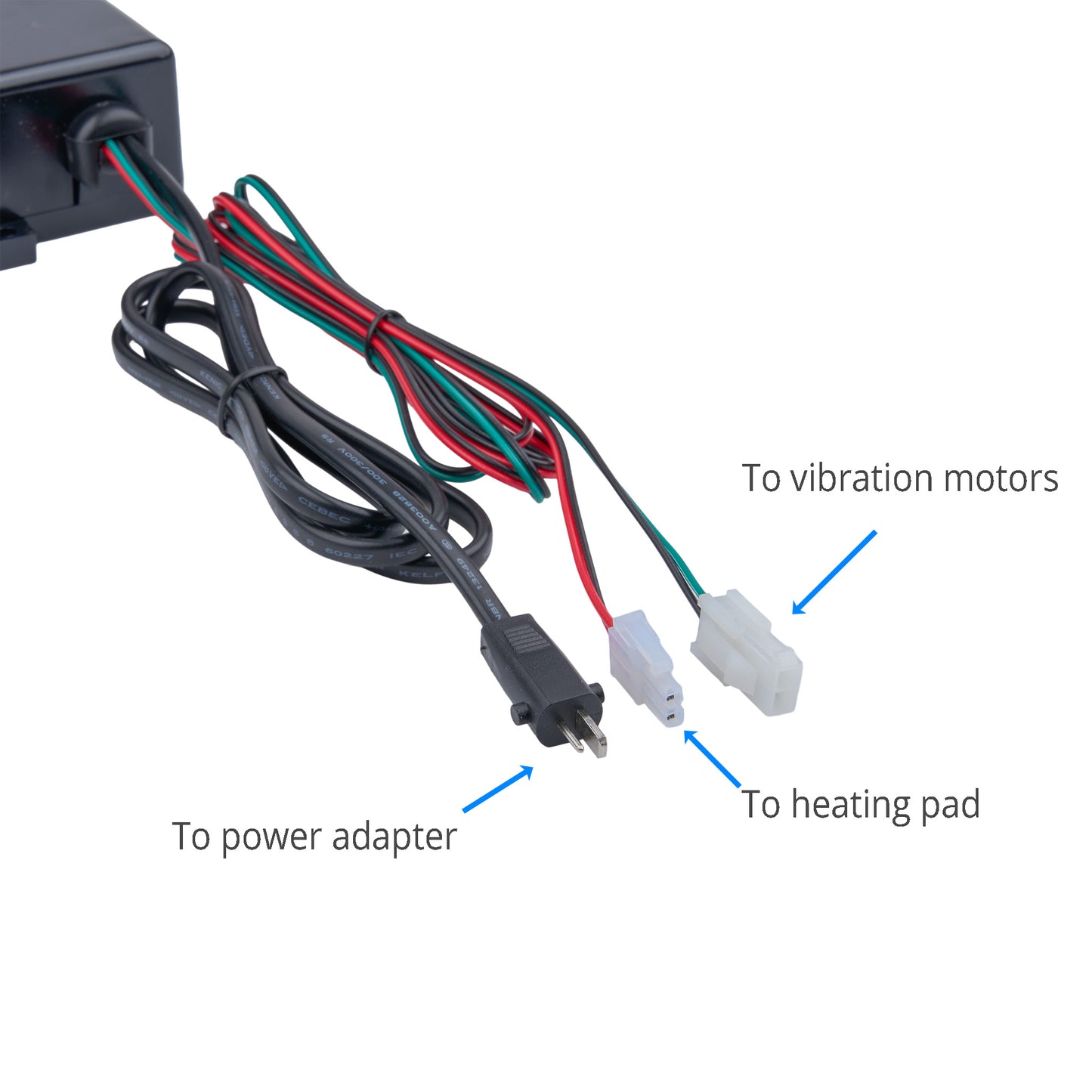 An electrical power cable with a black plug, red and green wires, and white connector housings, labeled with blue arrows pointing to 'To power adapter', 'To heating pad', and 'To vibration motors' on a white background.