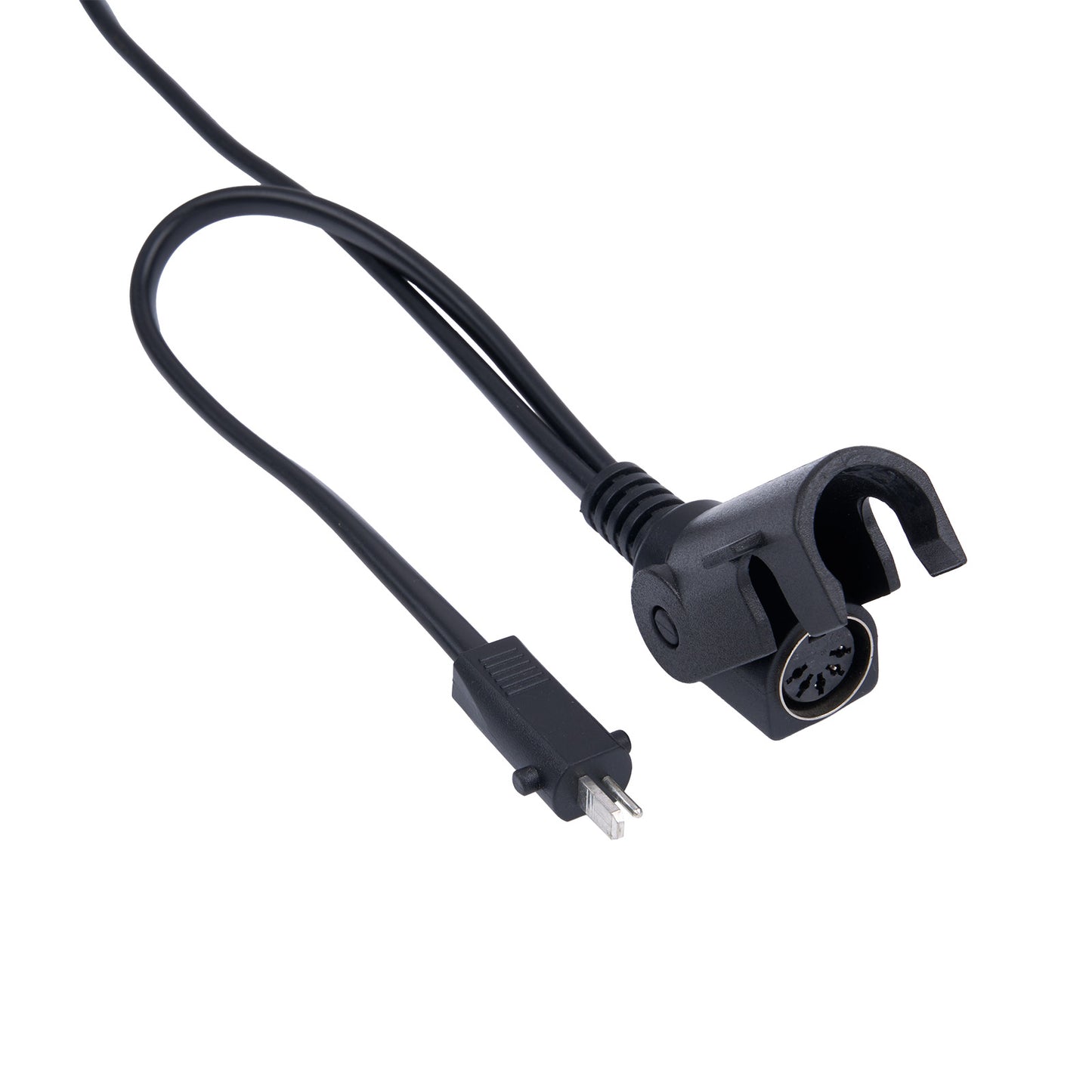 Black power cord with plug and connector on a white background