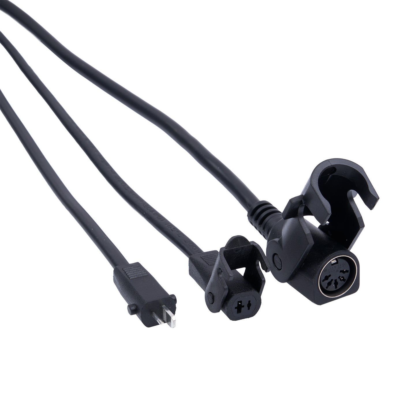 Black electrical cable with plug and connector on a white background