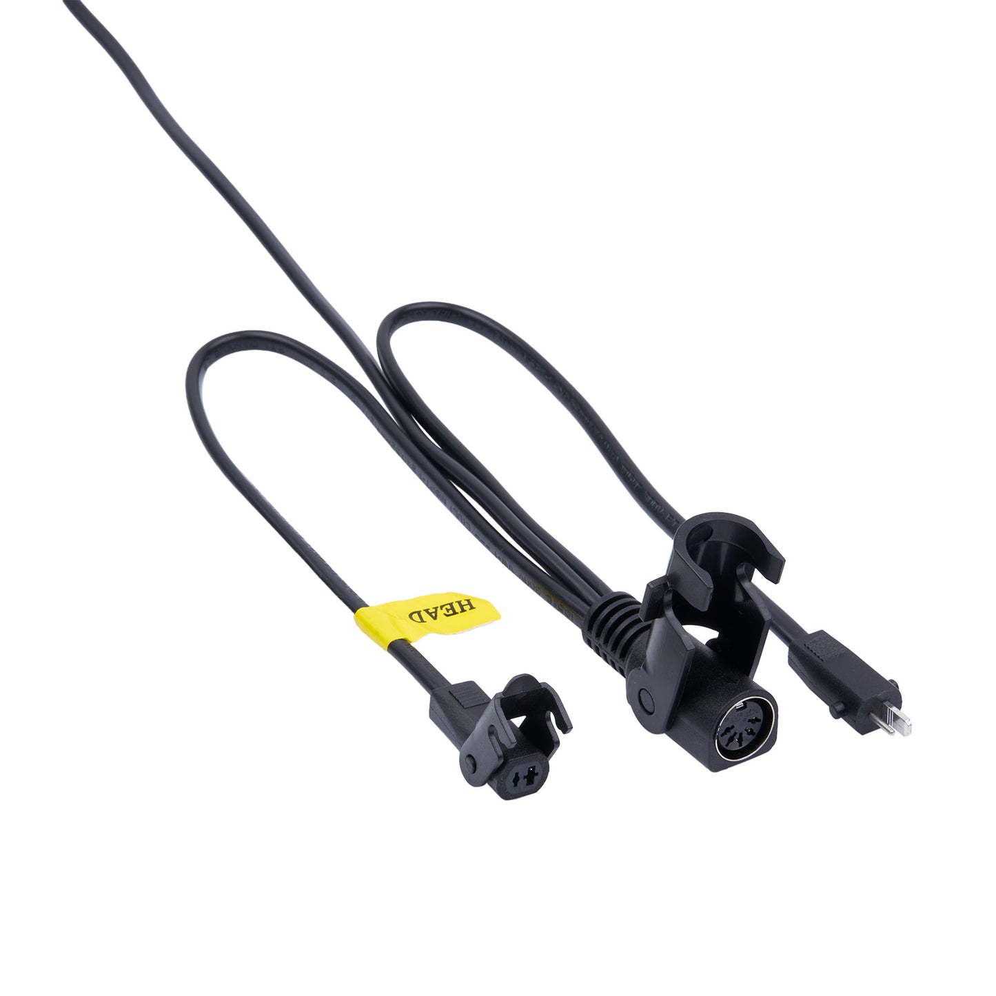 Black cable with connectors on a white background