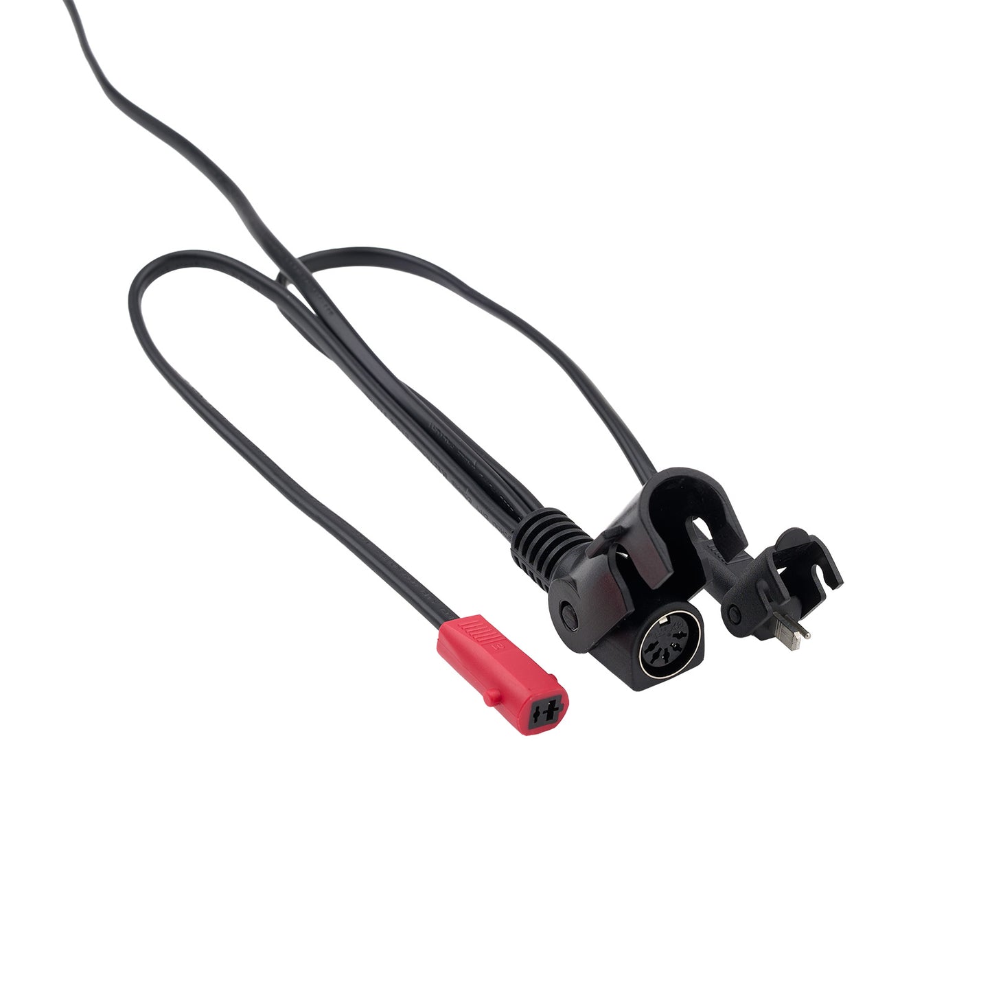 Black test lead with red clip on a white background