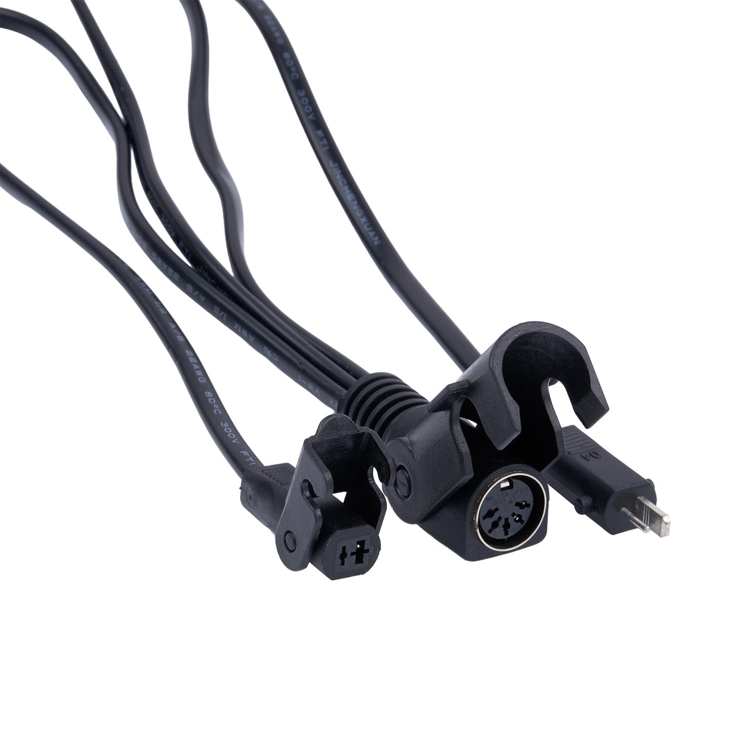 Black audio cable with connectors on a white background