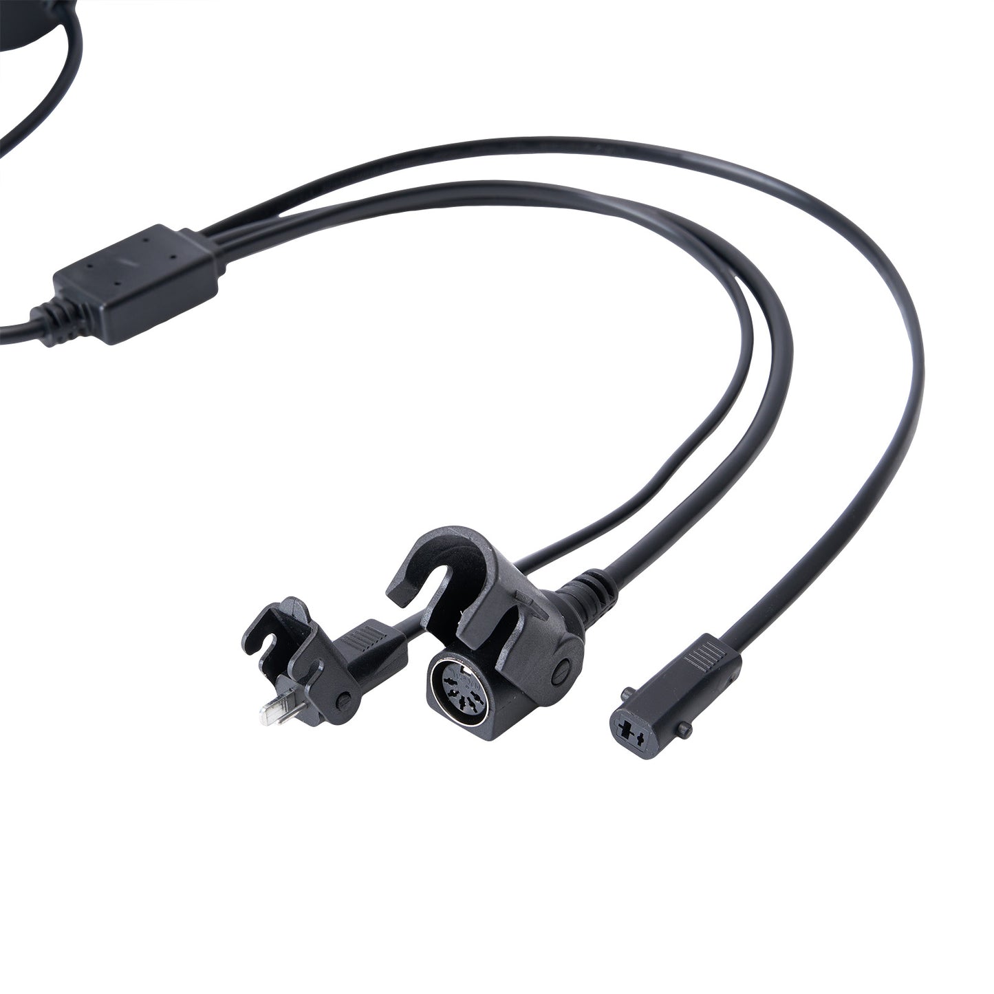 Black cable with connectors on a white background