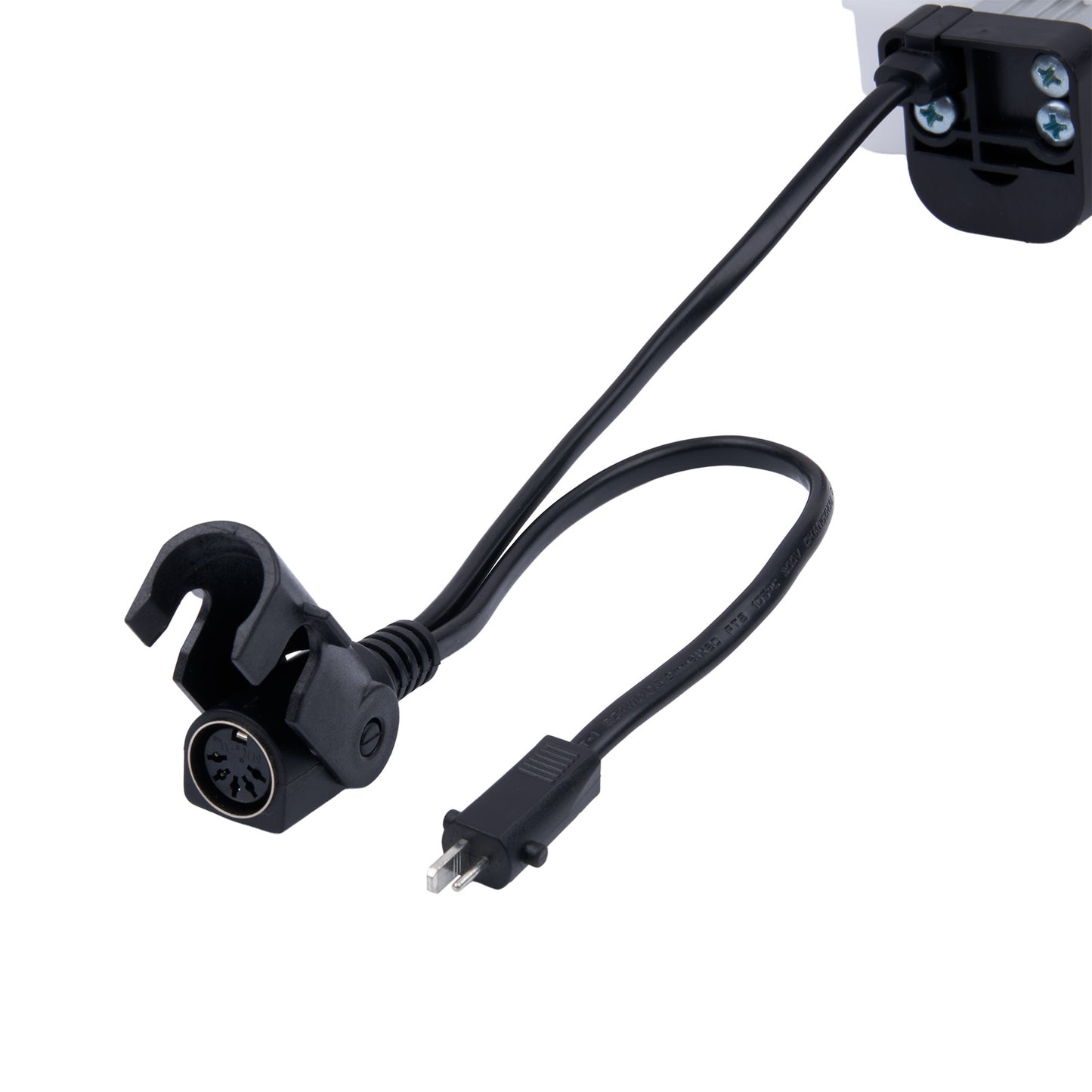 Black electronic component with a cable on a white background