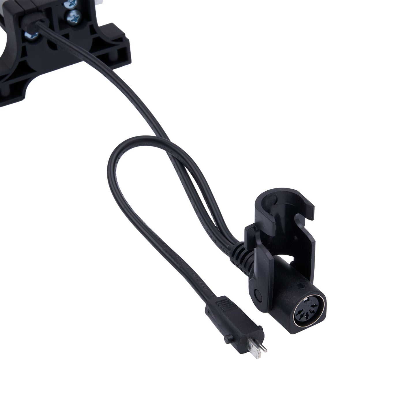 Black electronic component with cable on a white background