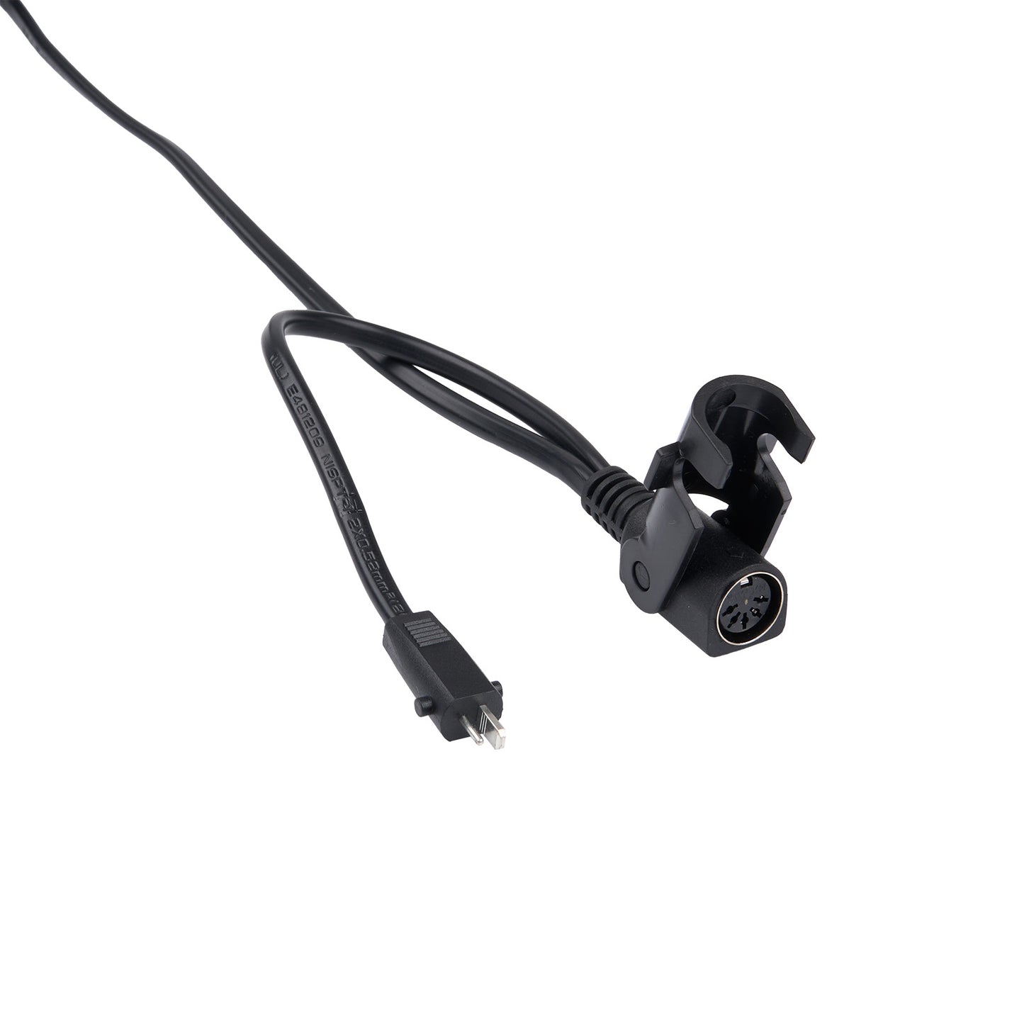 Black audio cable with connector on a white background