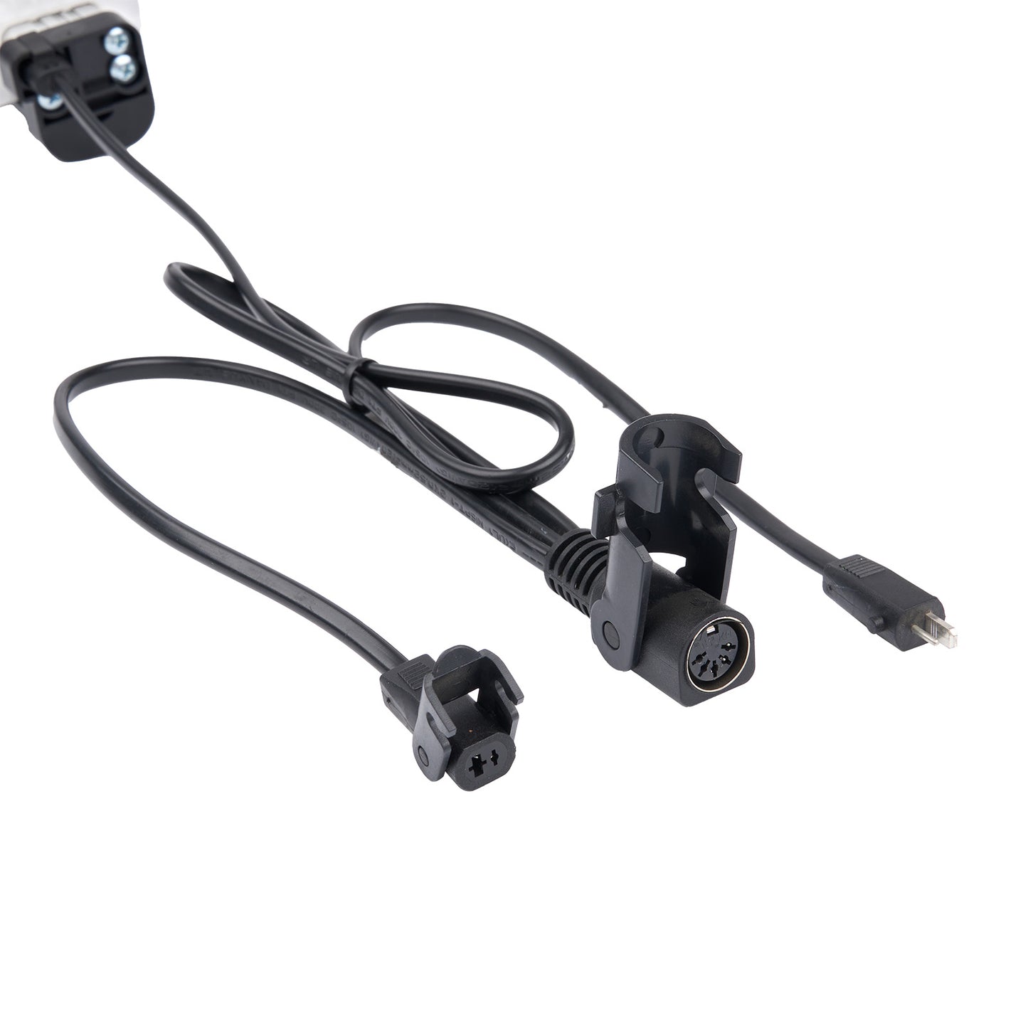 Black cable with connectors on a white background