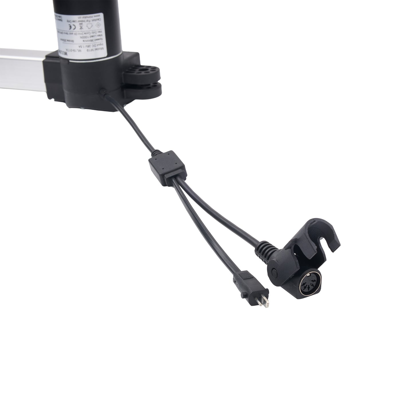 A close-up of a black dual-wire electrical connector with a small black clip and a silver metal plug, attached to a black cylindrical component on a white background.