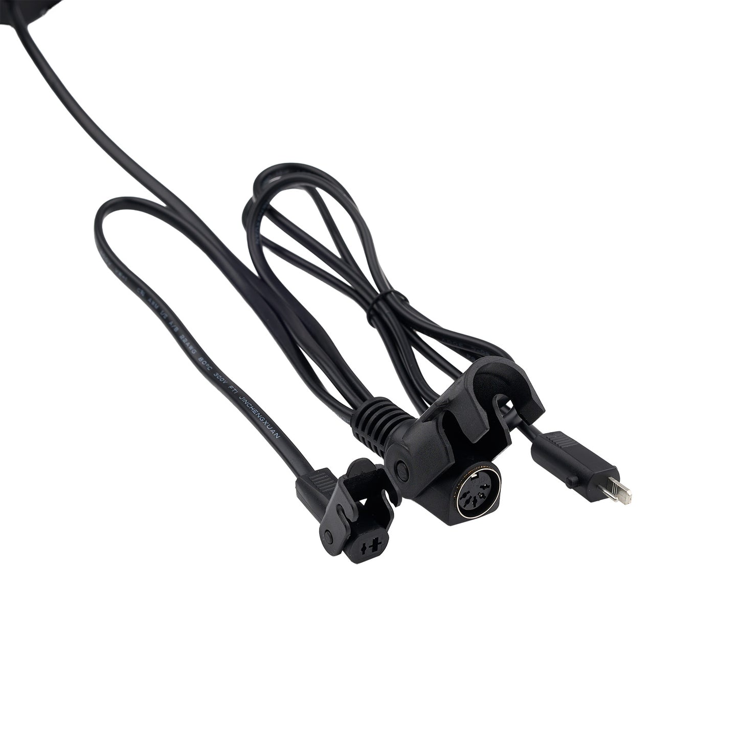 Black audio cable with connectors on a white background