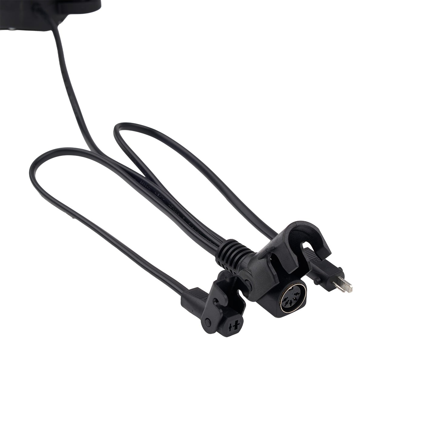 Black power cable with plug on a white background