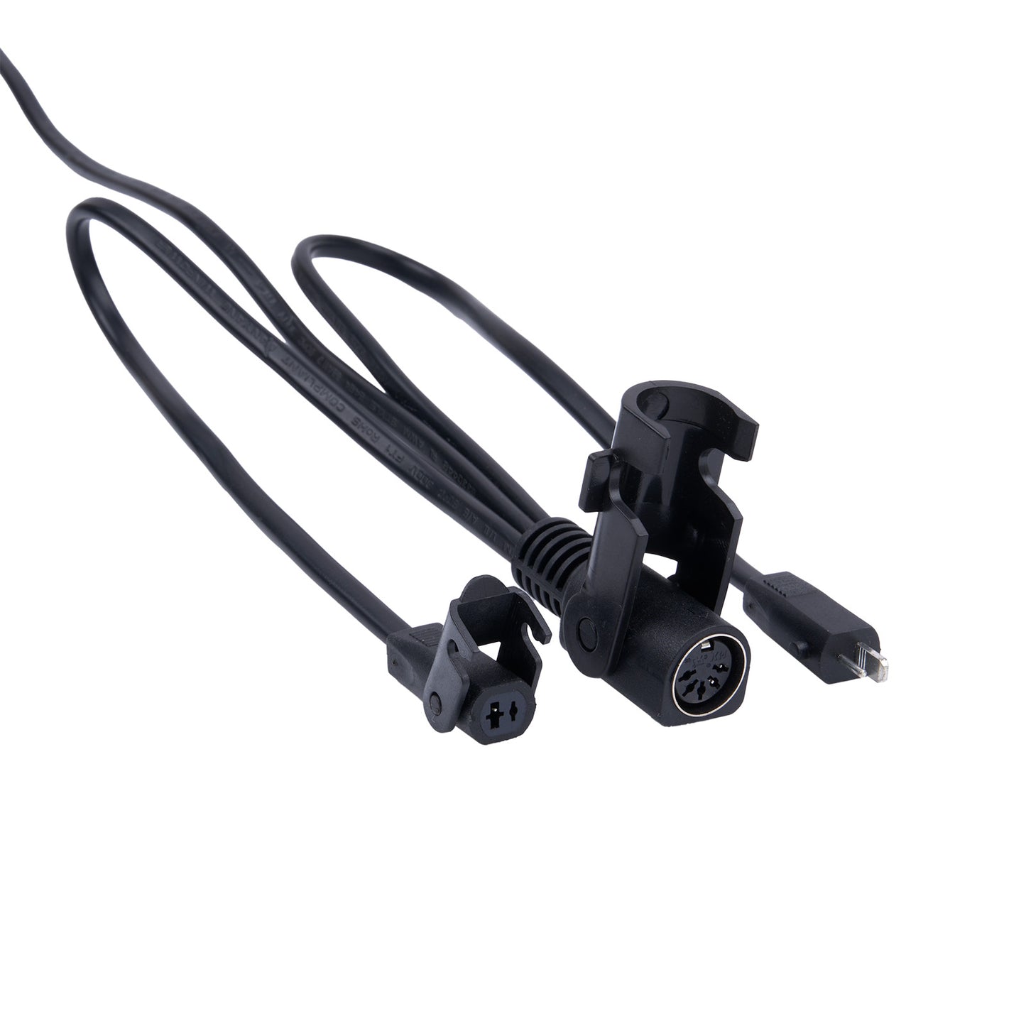 Black cable with connectors on a white background