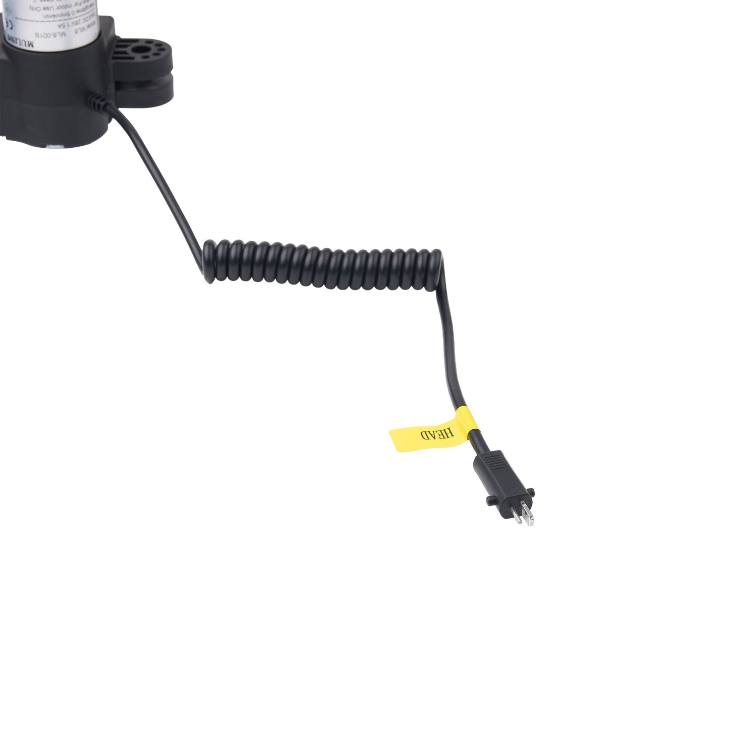 A black coiled extension cord with a yellow warning tag and a black plug, attached to a black motor or pump unit on a plain white background.