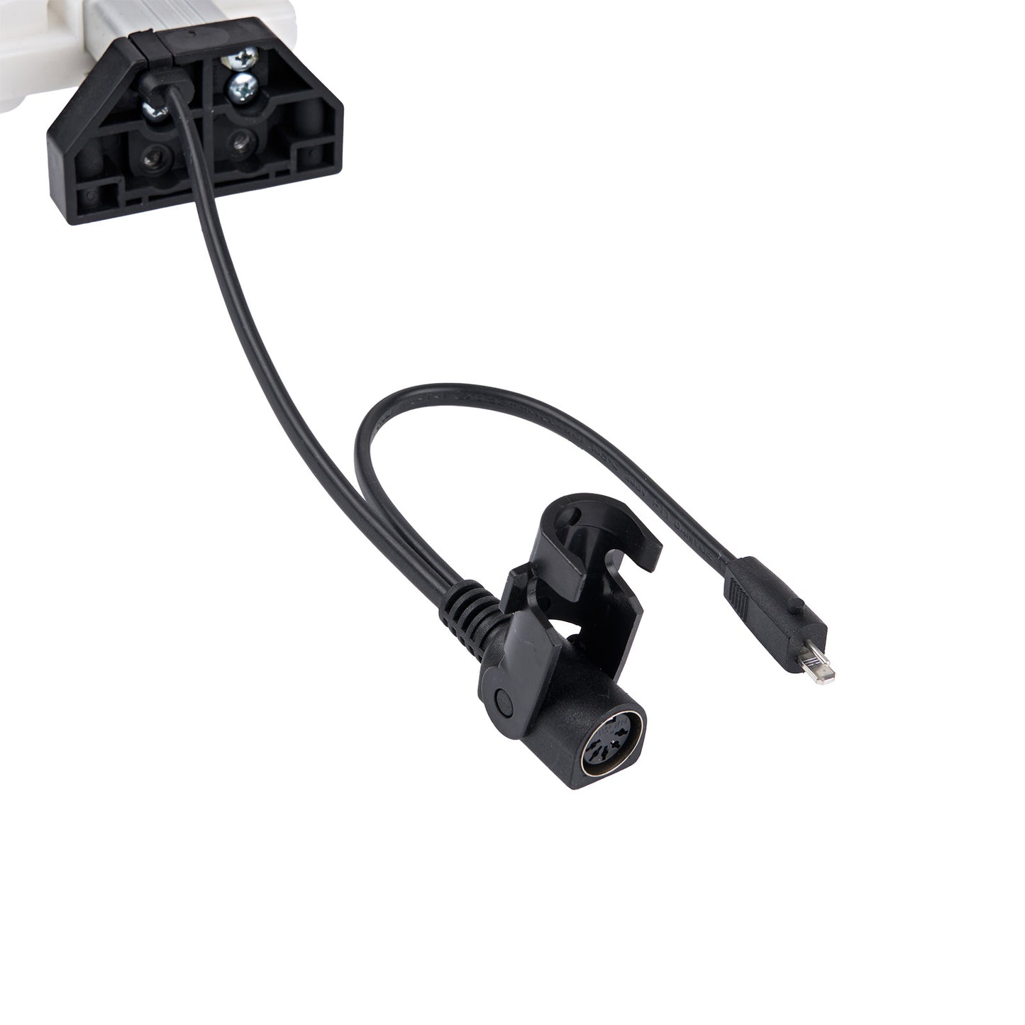 Black cable with connectors on a white background