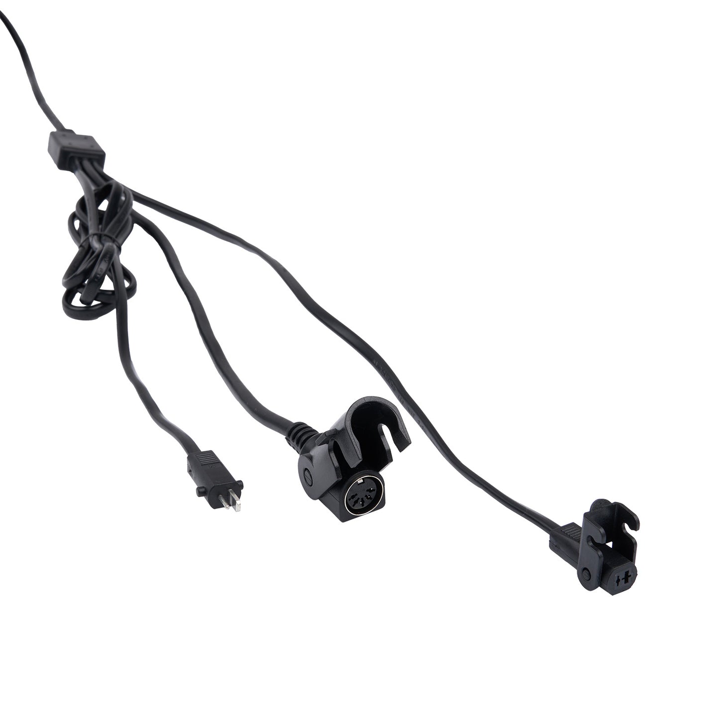 Black camera mount with multiple cables on a white background