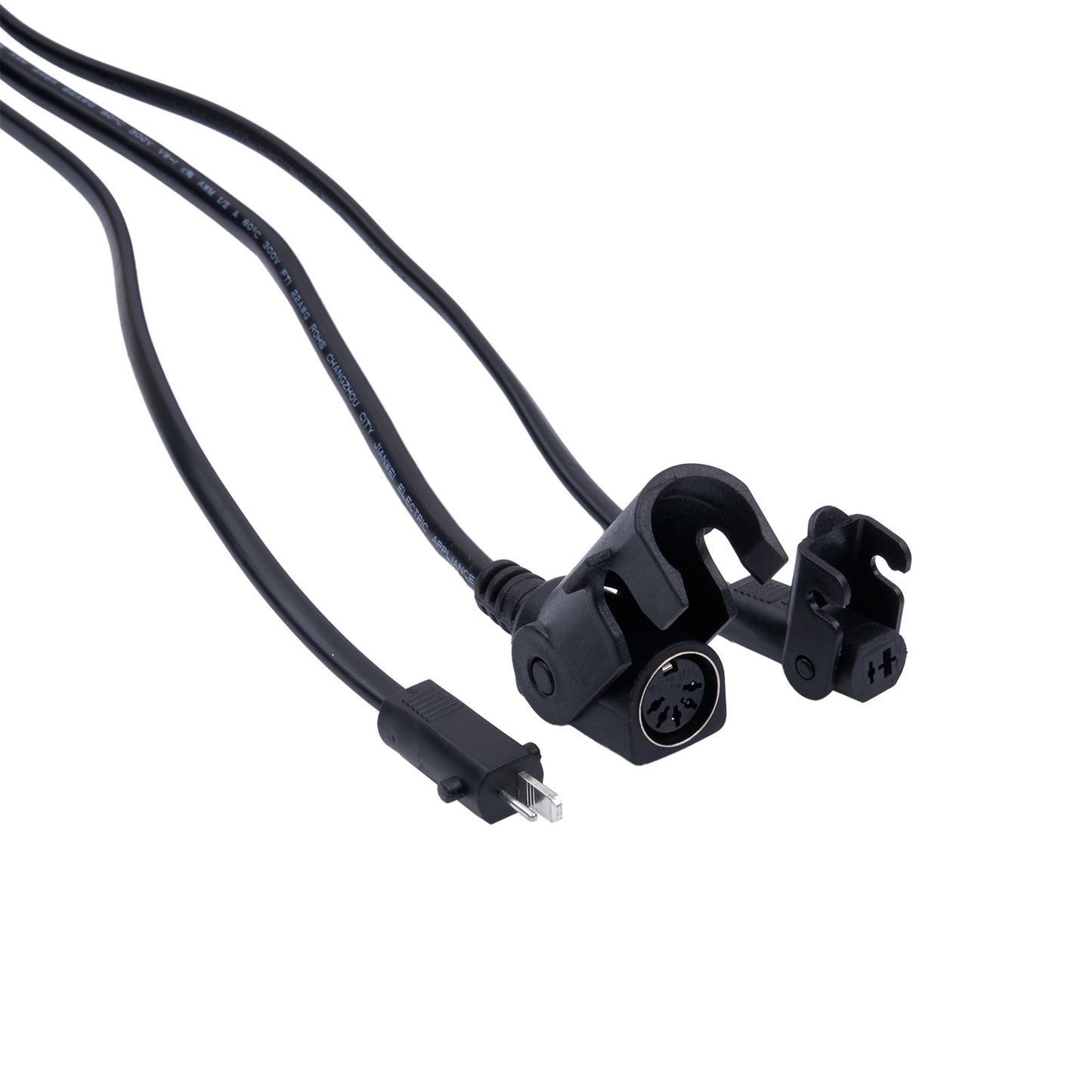 Black audio cable with connectors on a white background
