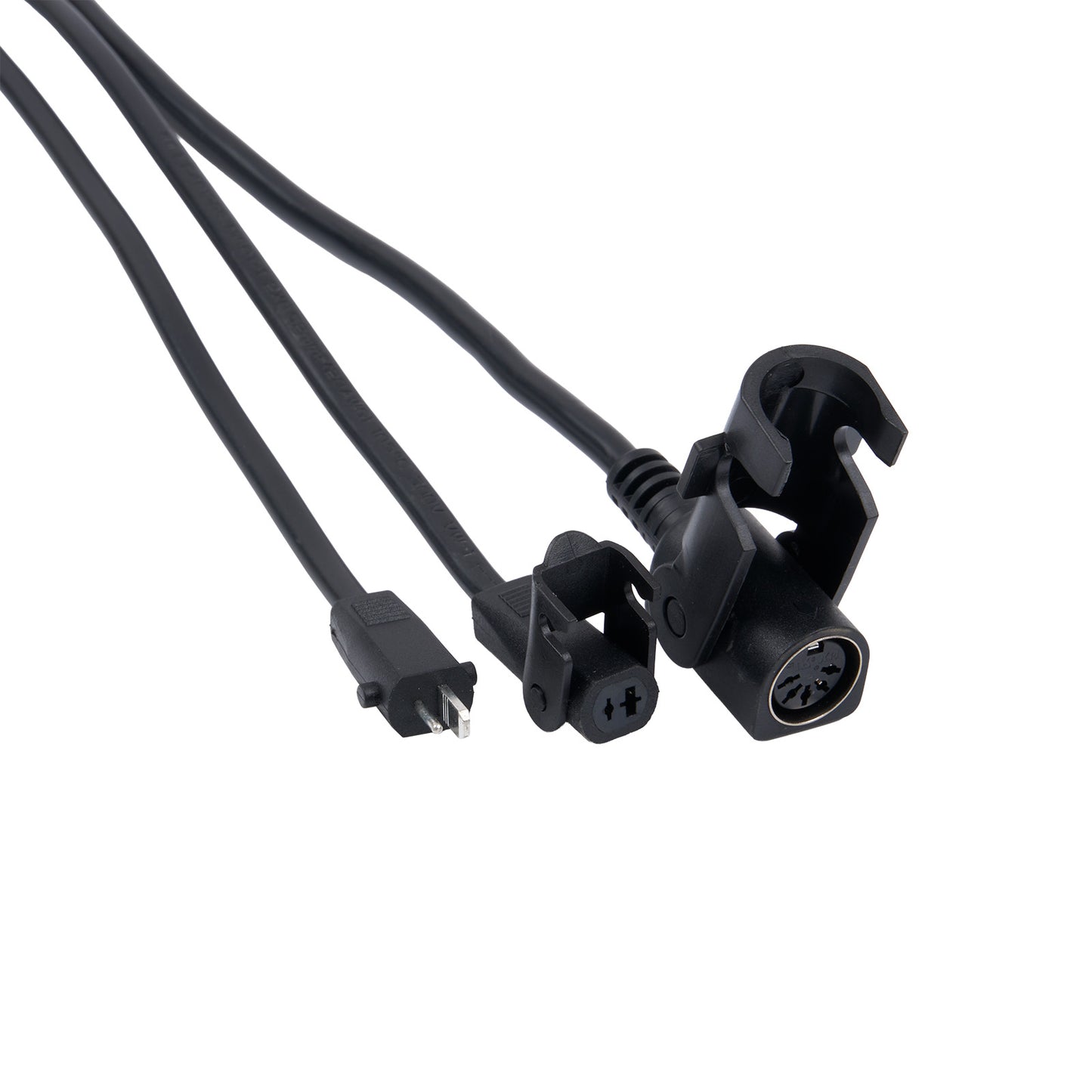 Black cable with various connectors on a white background