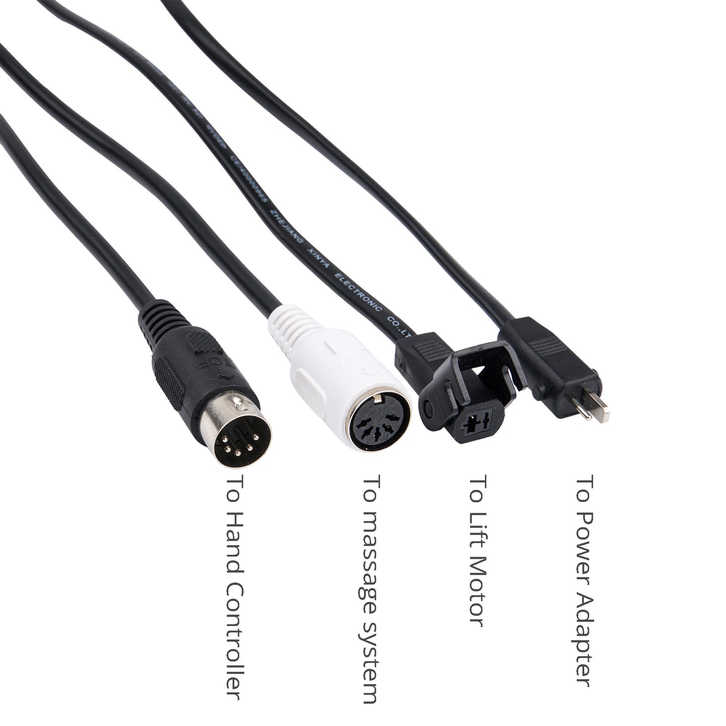 Black multi-pin cable adapter with four connectors labeled 'To Hand Controller', 'To massage system', 'To Lift Motor', and 'To Power Adapter' on a white background.