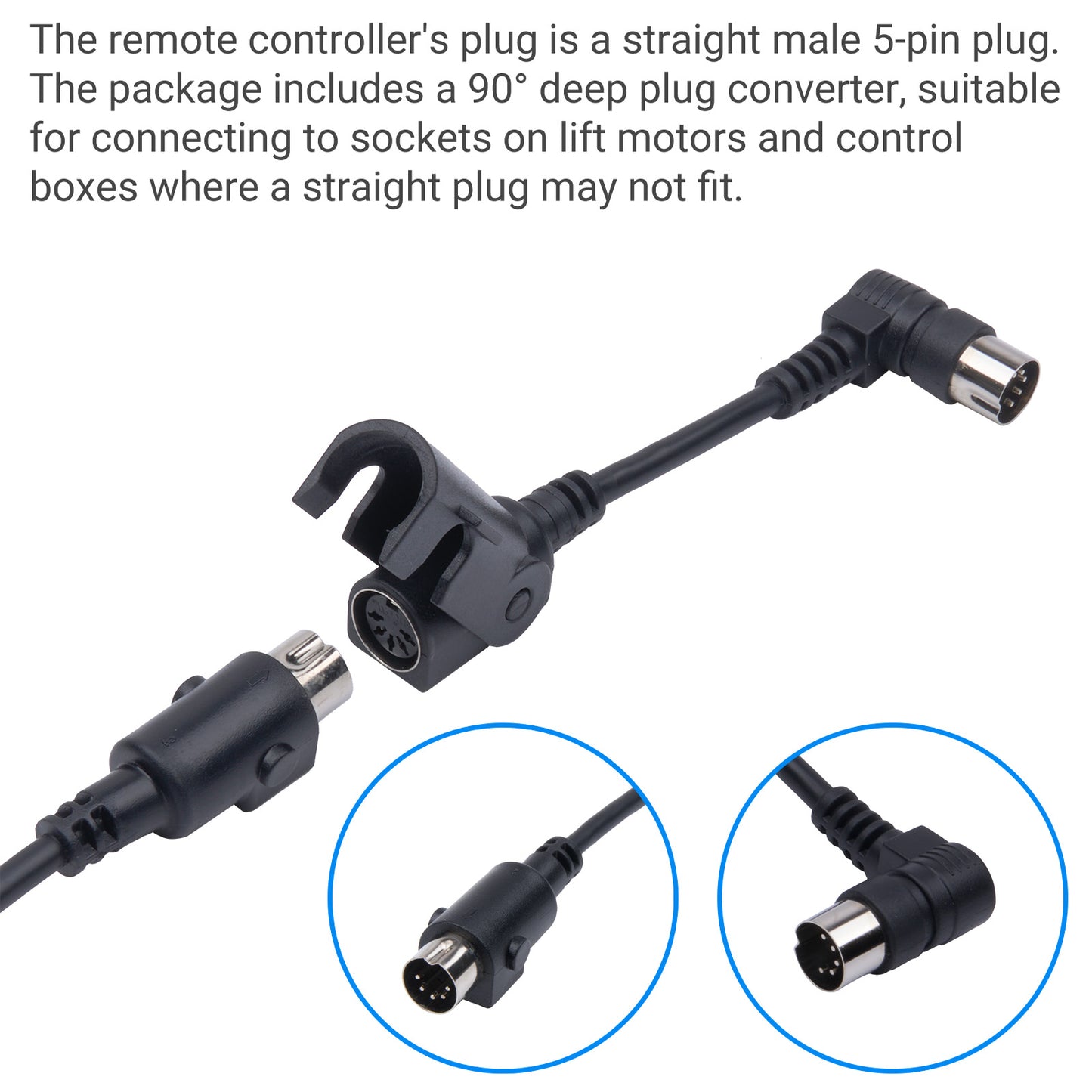 90-degree deep plug converter for remote controller with text on a white background
