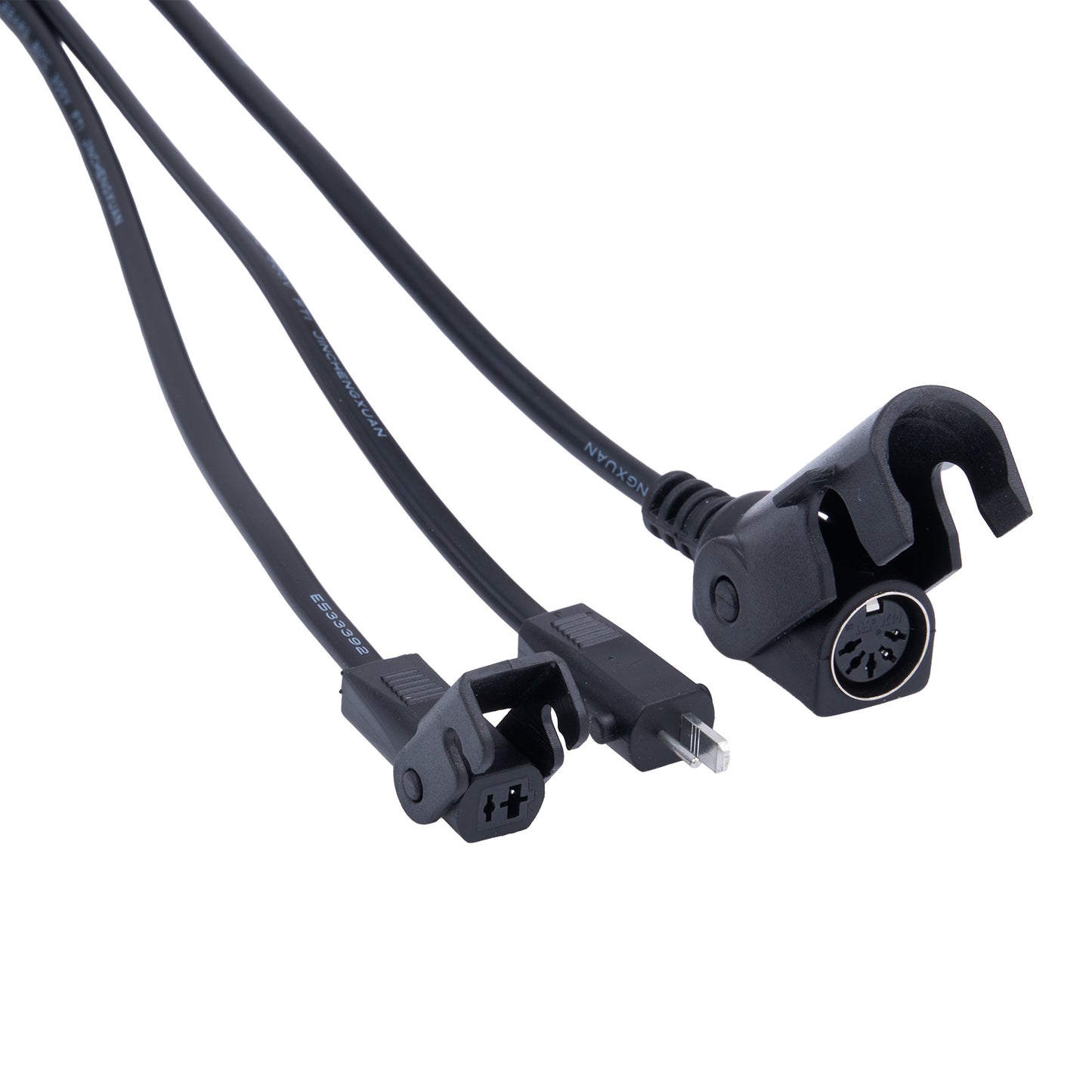 Black electrical cable with various connectors on a white background