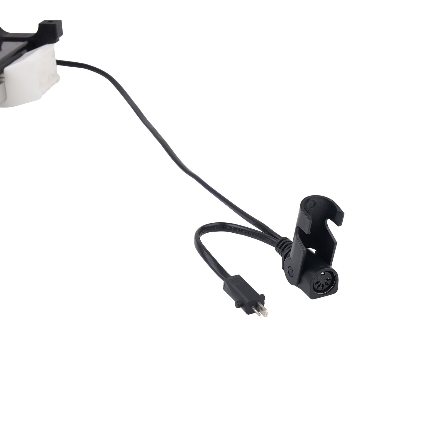 A black power adapter cable with a plug, connector, and mounting clip, shown on a plain white background.