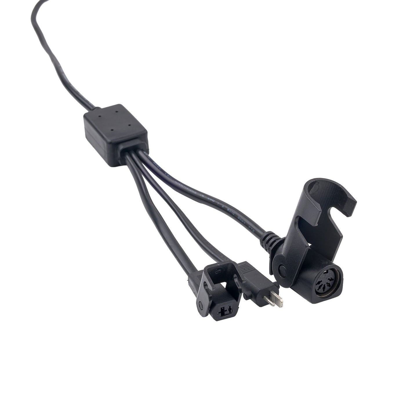 A black multi-connector cable adapter with a rectangular junction box and three branching plugs, shown on a plain white background.