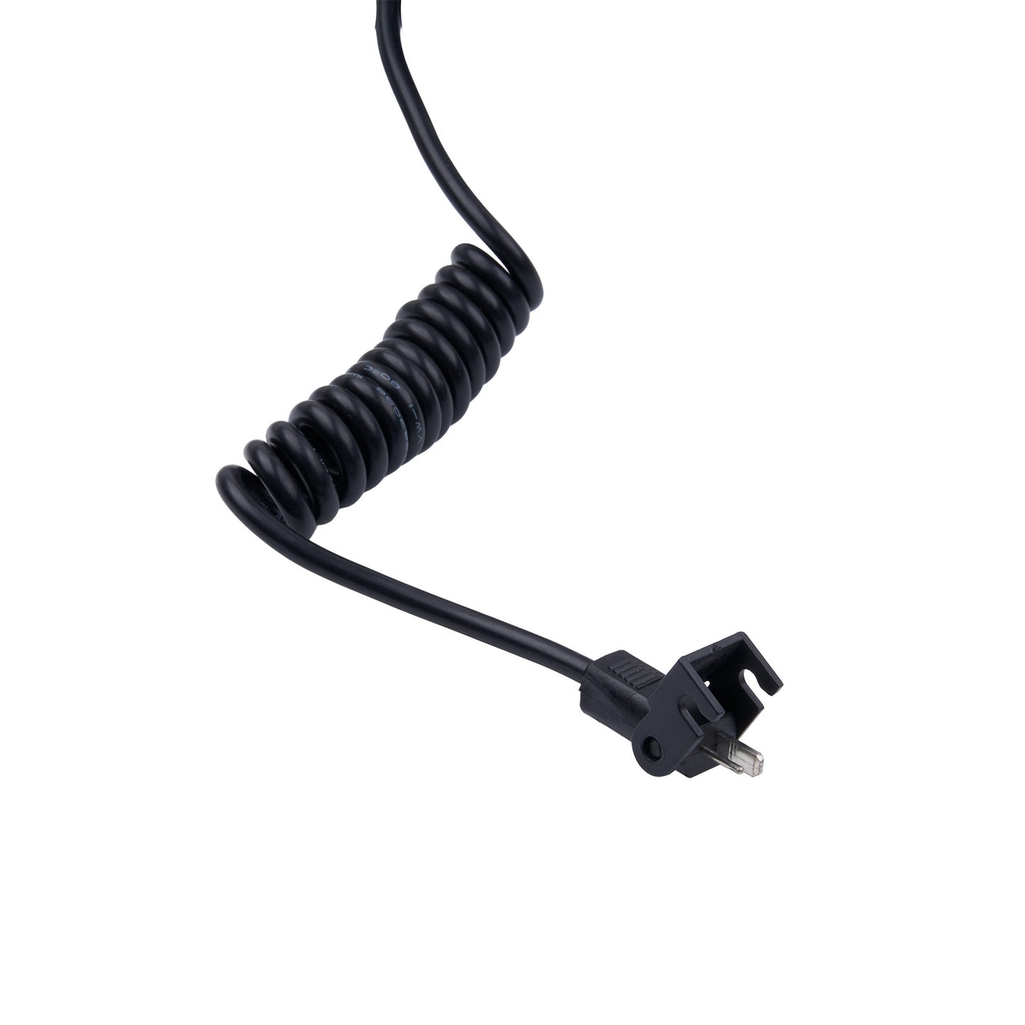 Black coiled cable with plug on a white background