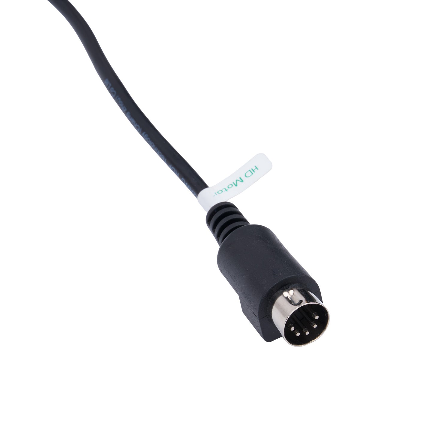 Black cable connector with white label on a white background
