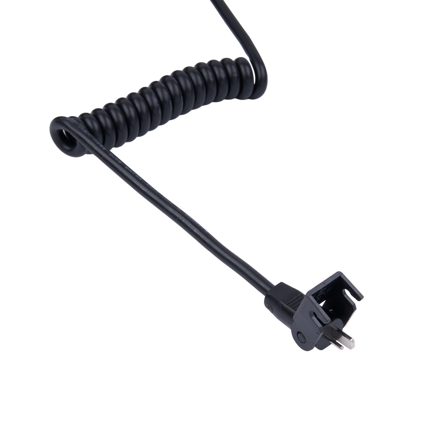 Black coiled cable with a plug on a white background