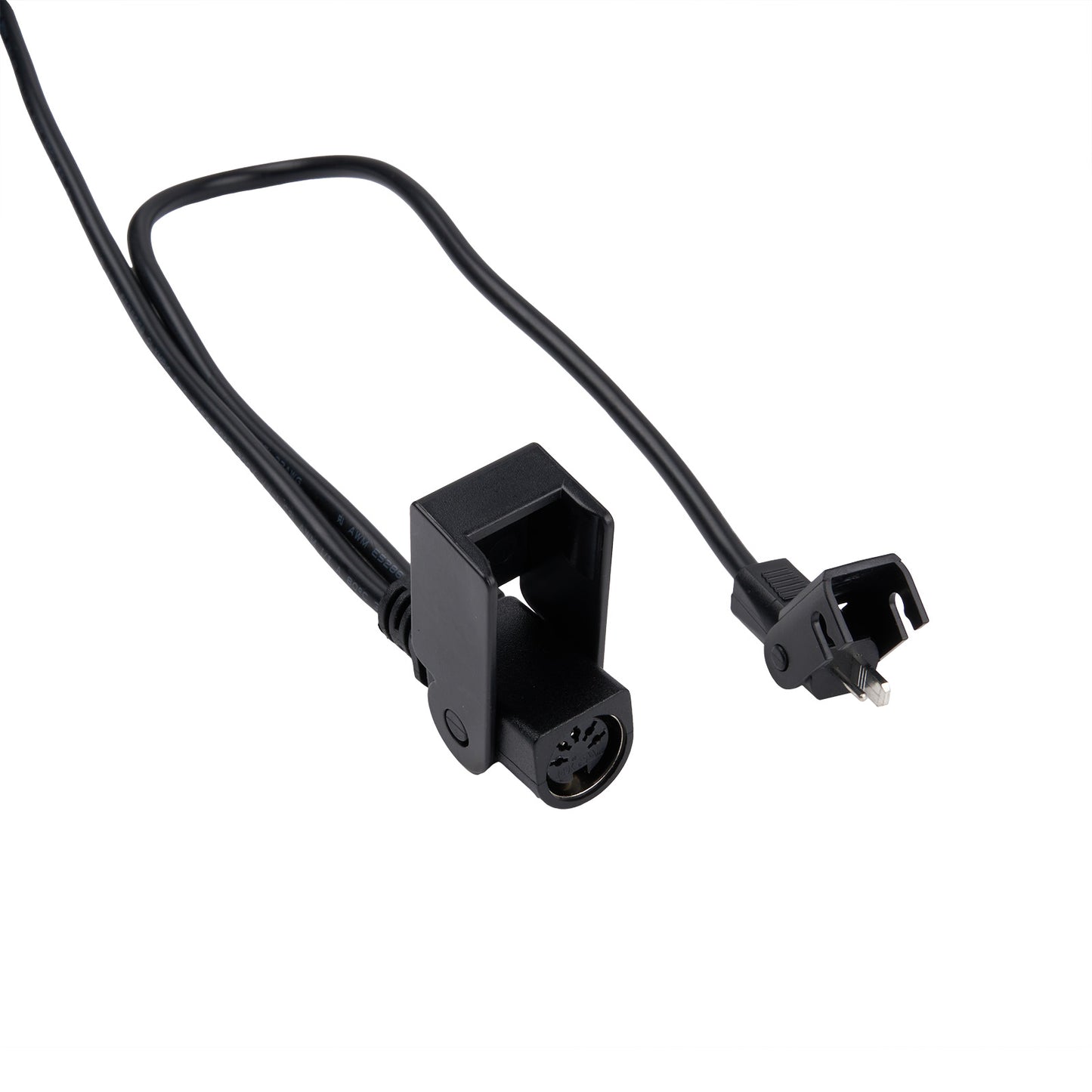 Black electrical cable with plug on a white background