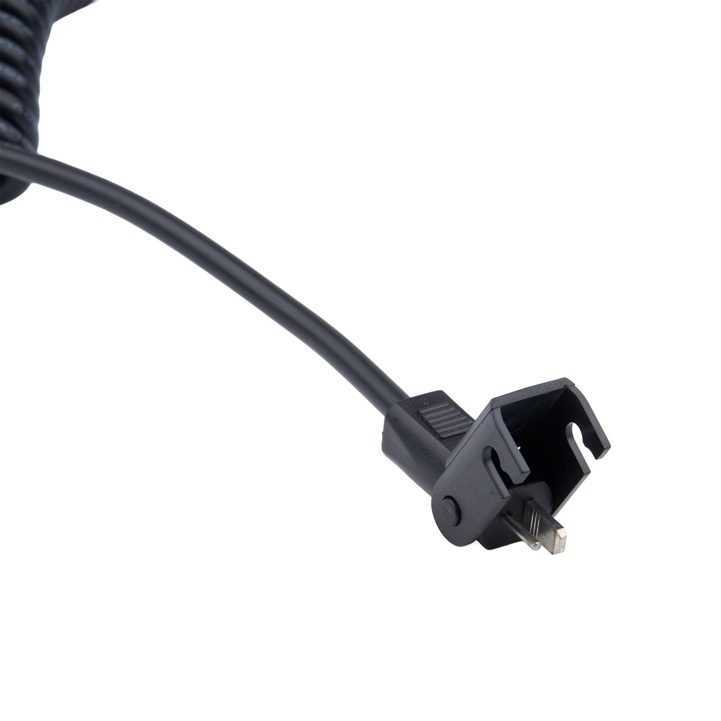 Black power cord with plug on a white background